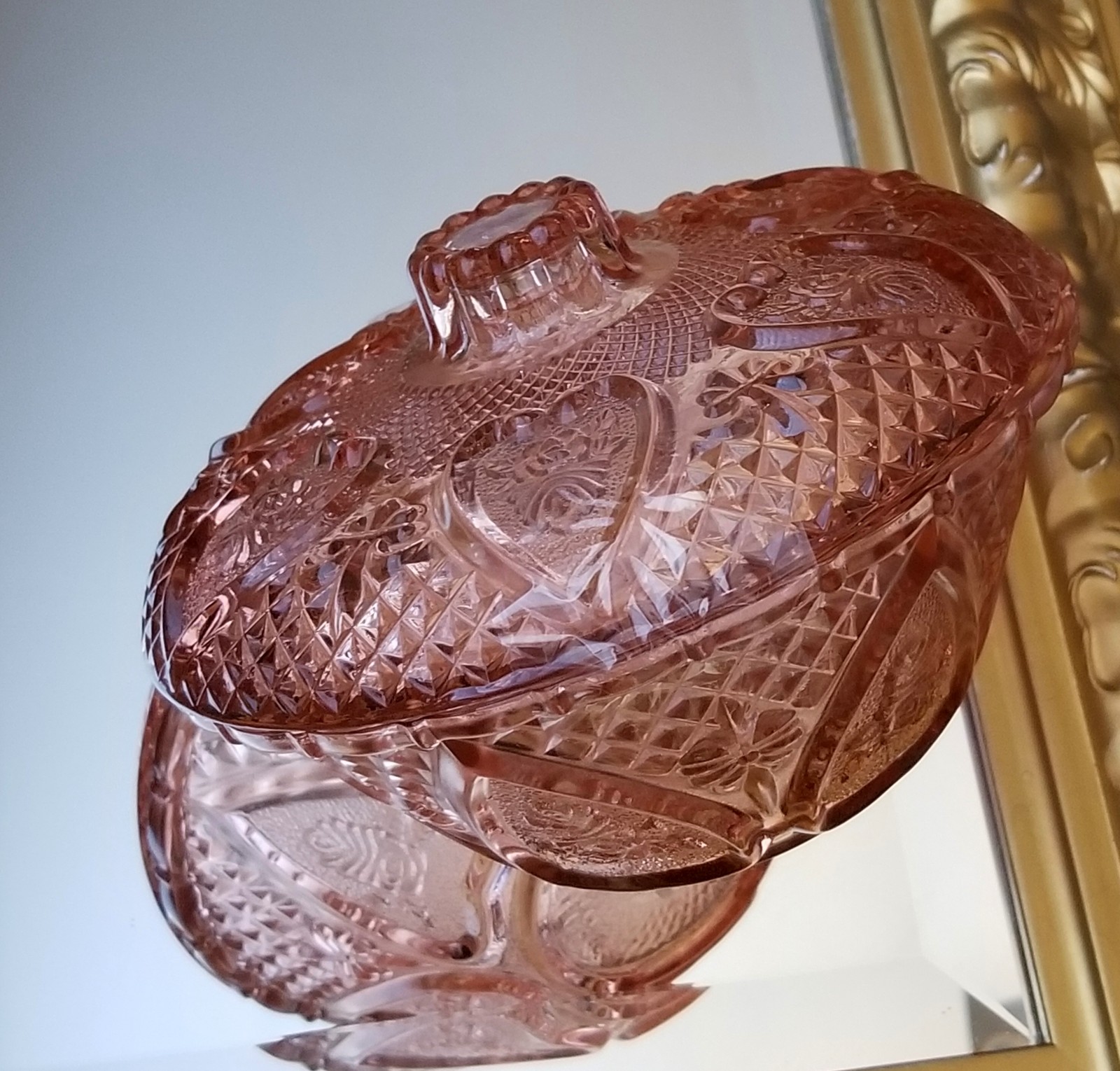 Pink Depression Trinket Dish with Hearts and Roses