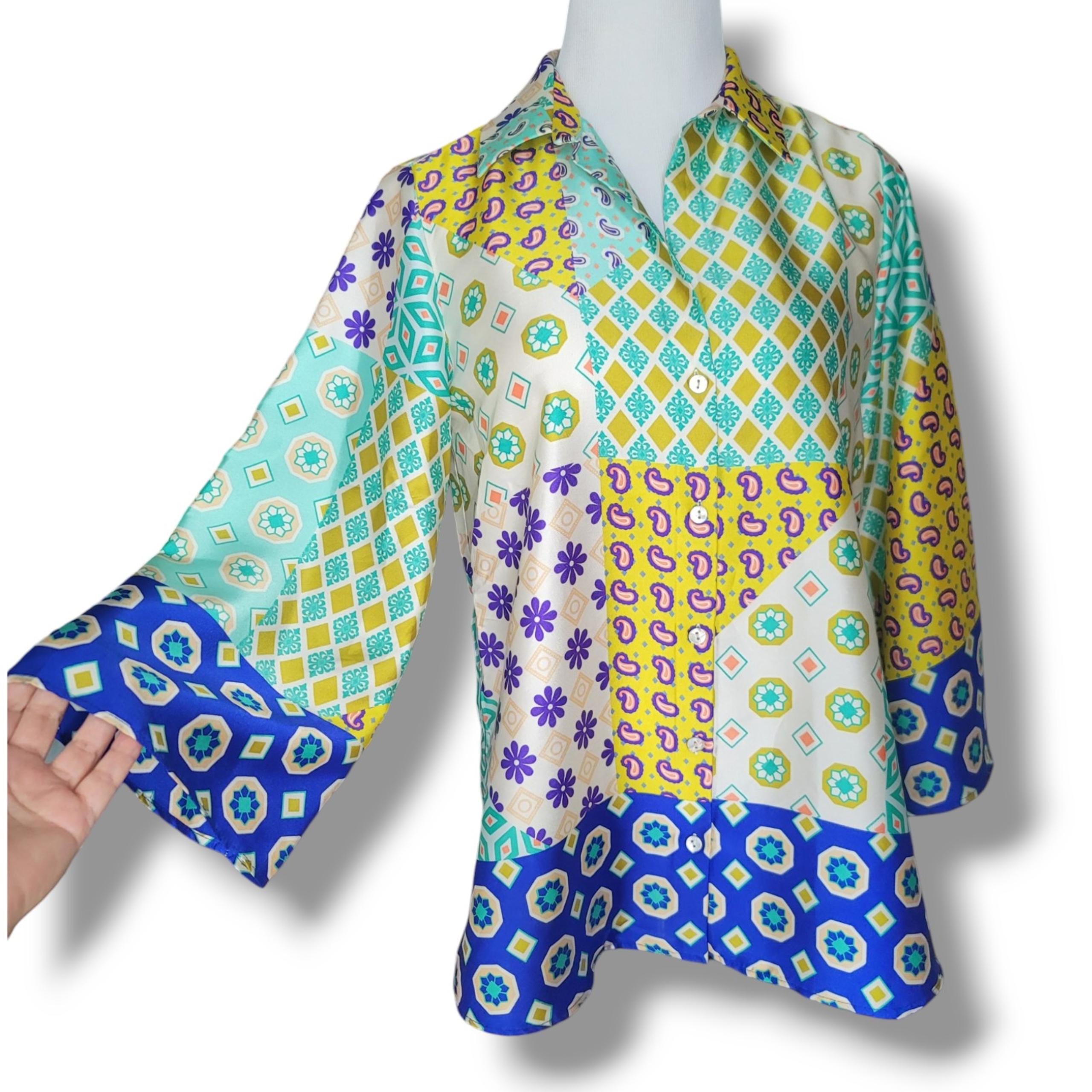 Zara Satin Multicolor Print Lightweight Front Button Blouse S