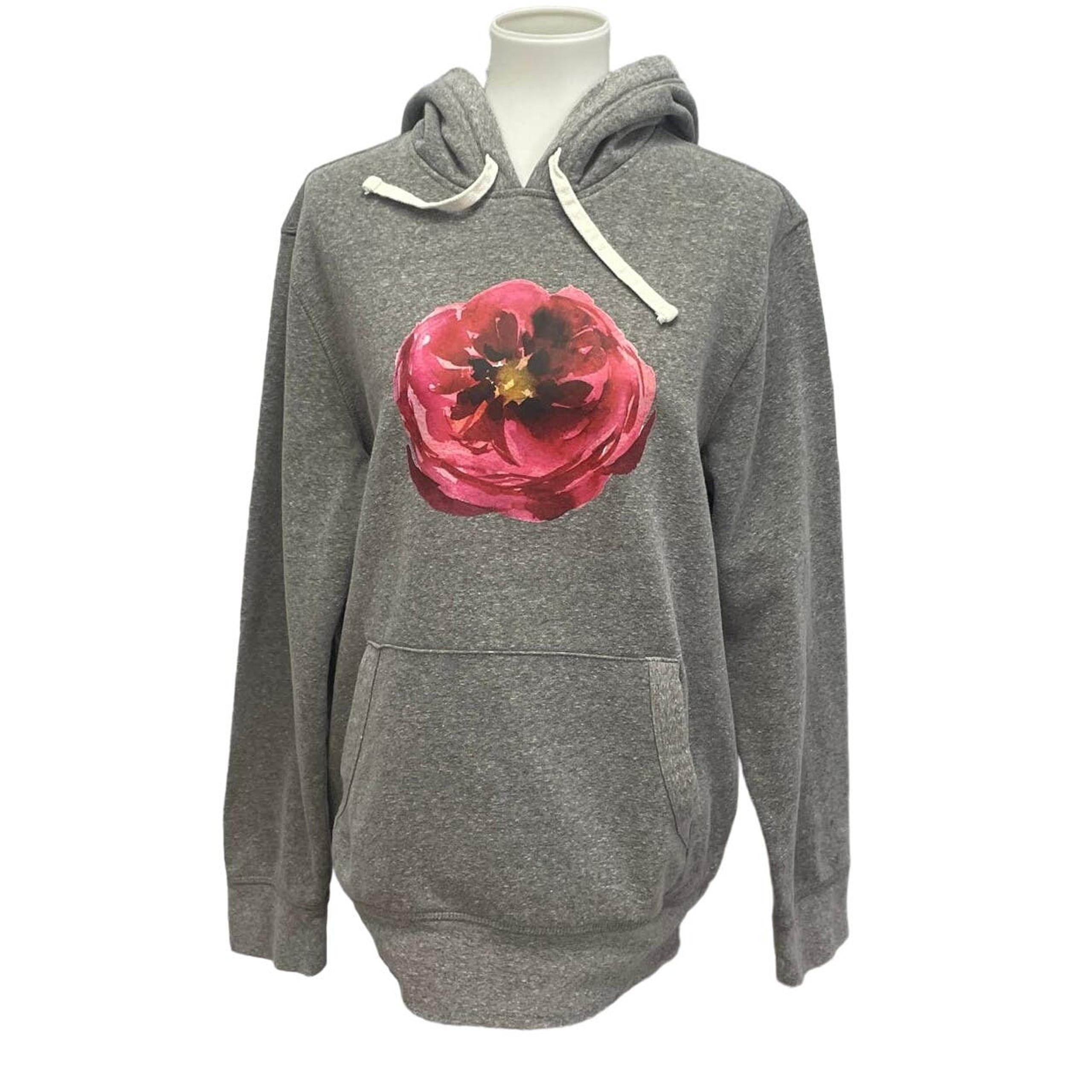 Hand Printed Upcycled Womens Medium Watercolor Peony Flower Sweatshirt Hoodie