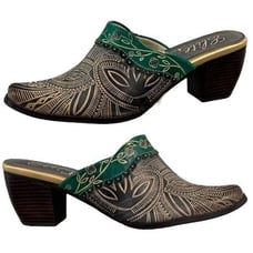 Elite by Corky's Shoes Womens 7 Scroll Leather Heeled Mules Green Brown Tan