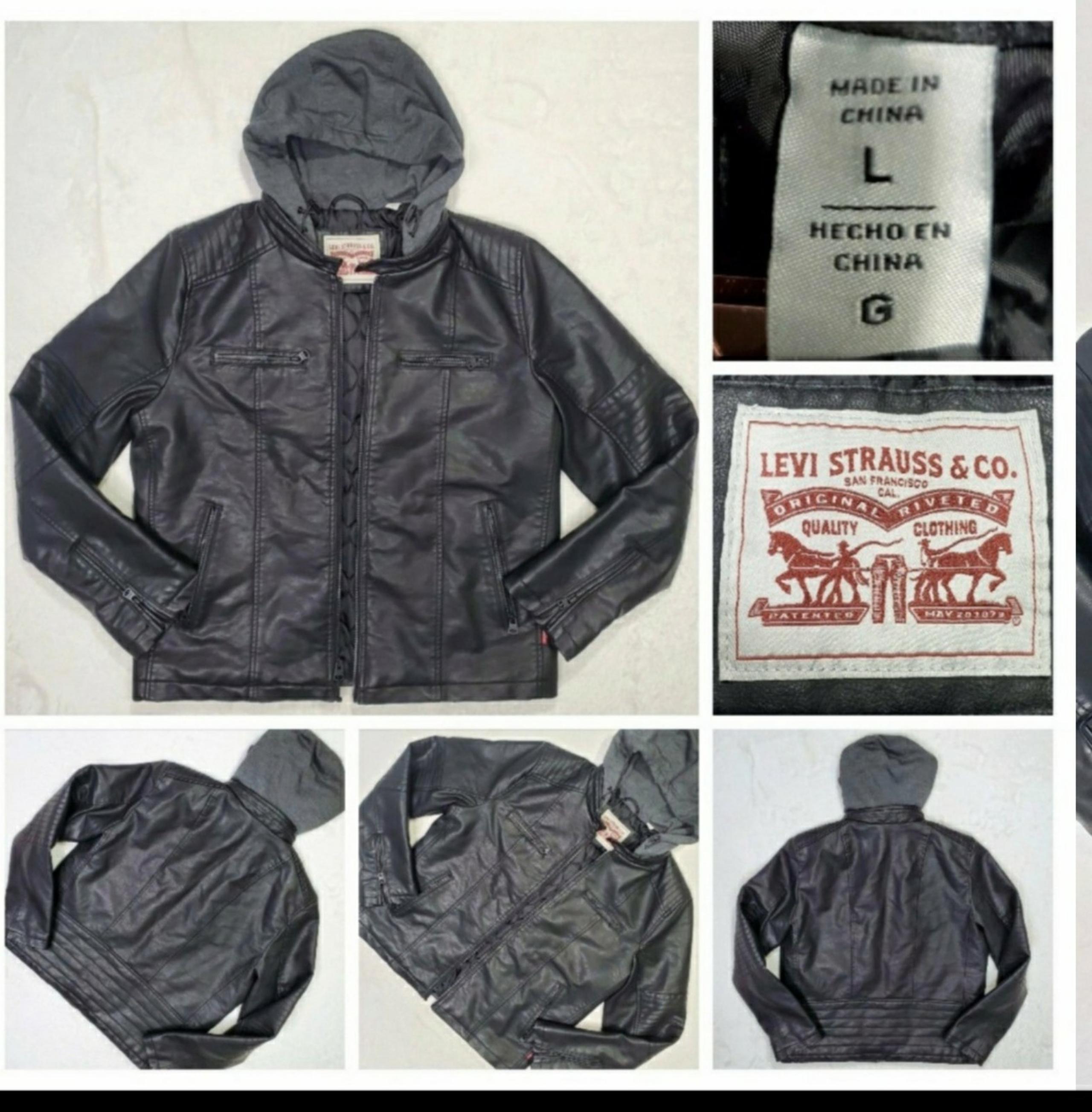 Faux Leather Biker Jacket Mens L Moto Black With Hood Quilted Liner EUC - Levi's