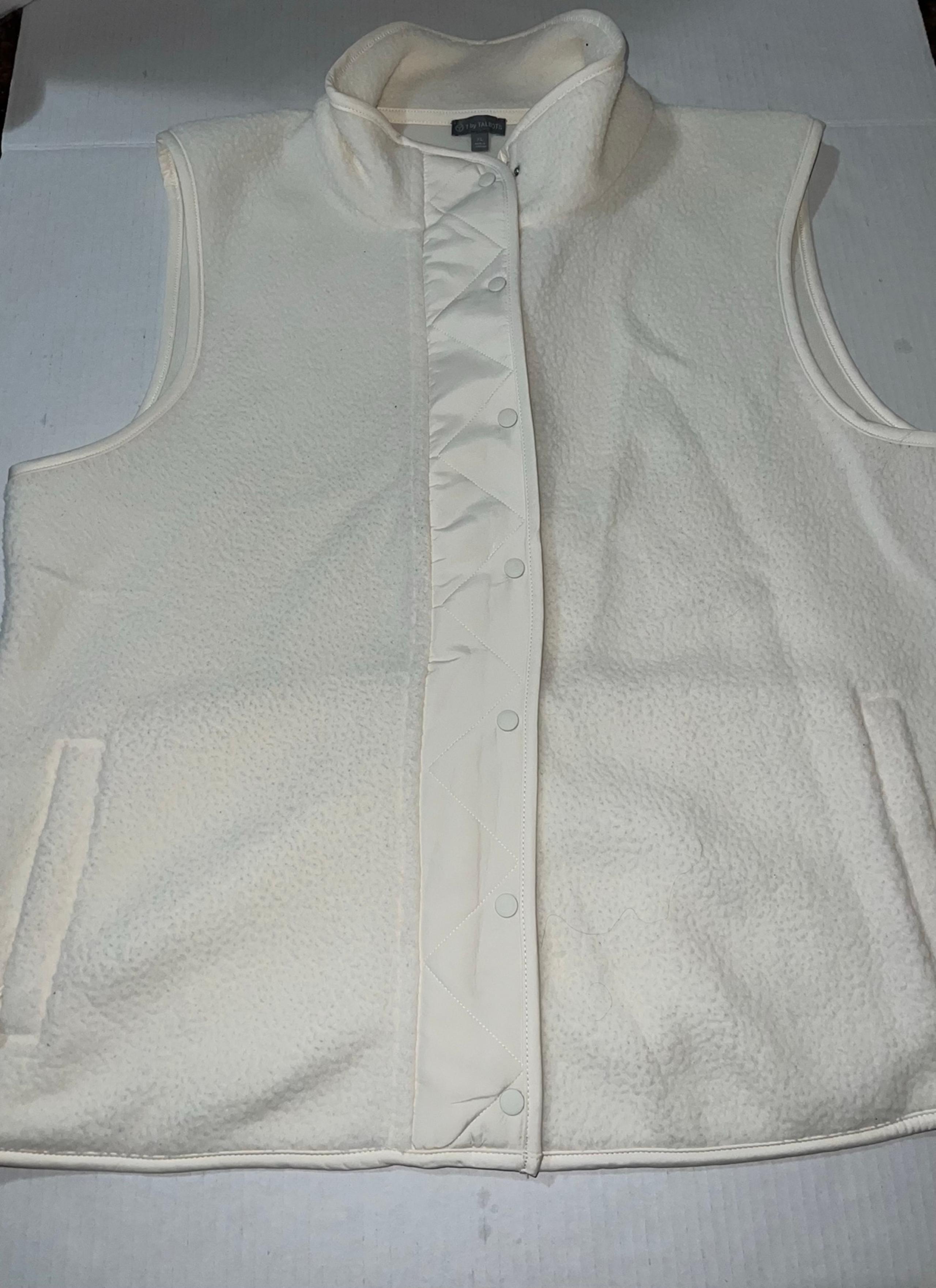 T By Talbots Womens Vest Sleeveless Zip Snap Up Sherpa Zip Pockets Ivory XL