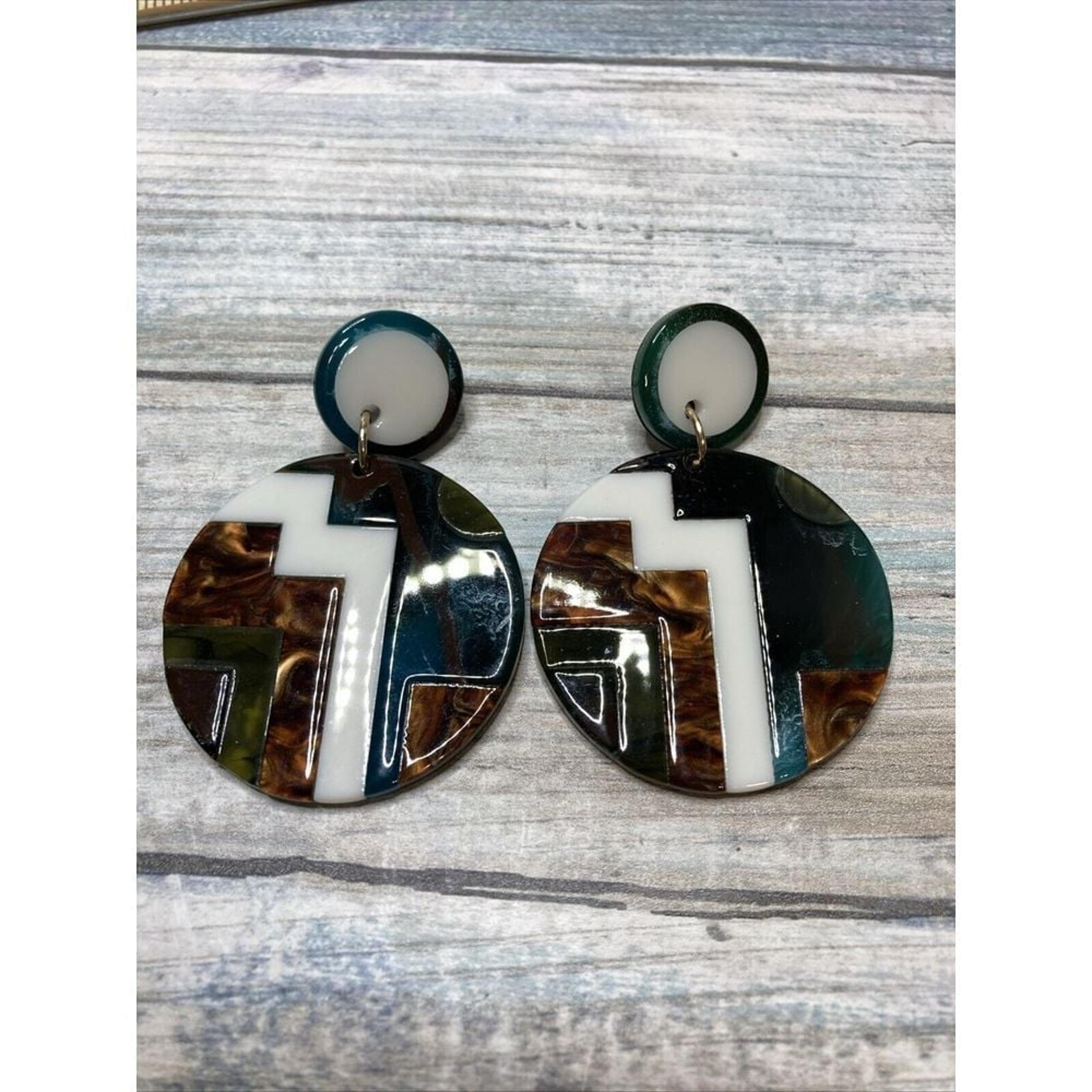 Acrylic Round Geo Pattern EARRINGS Drop Dangle Multi-color Mosaic Modern NWOT