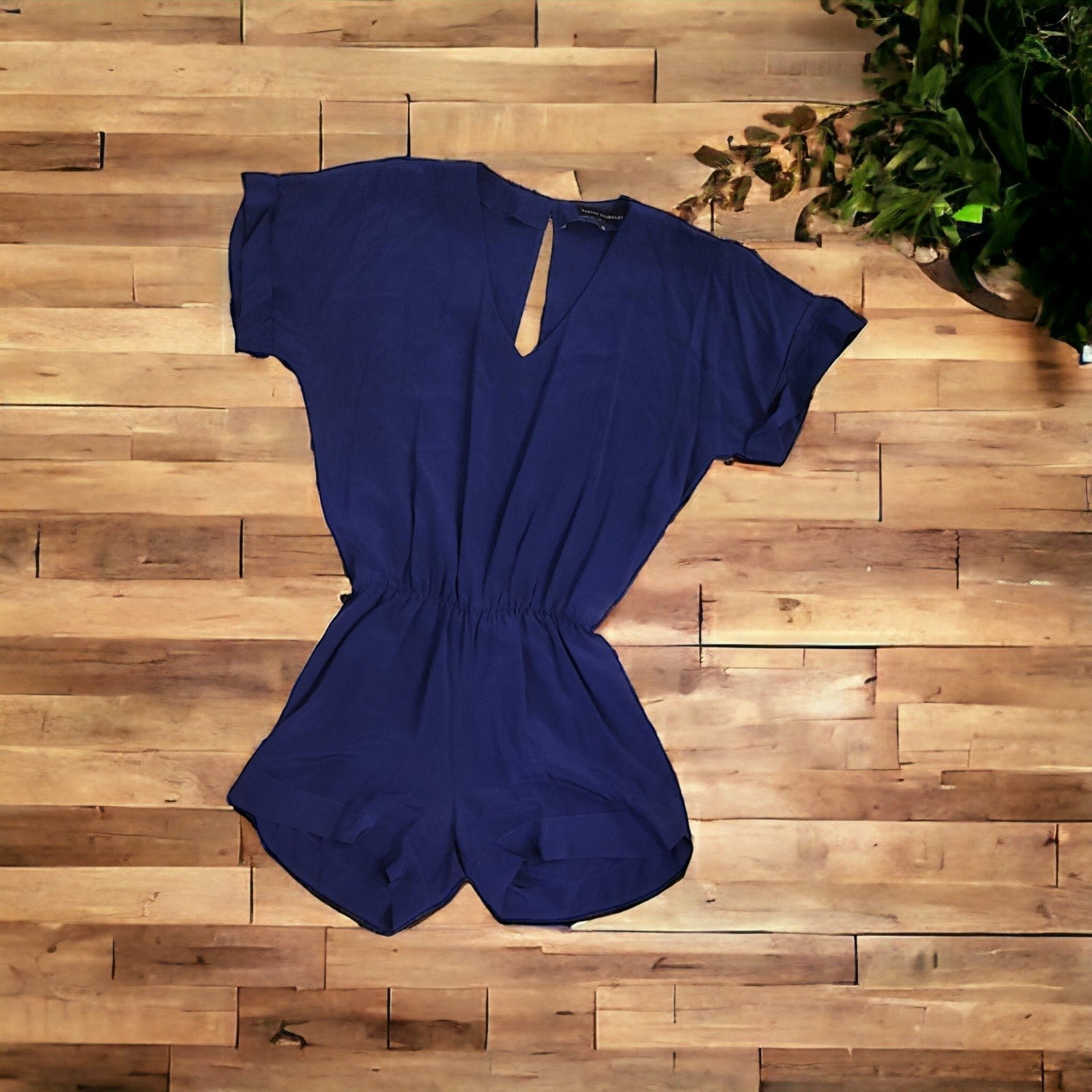 Karina Grimaldi Royal Blue 100% Silk V-Neck Cuffed Short-Sleeve Shorts Romper- S