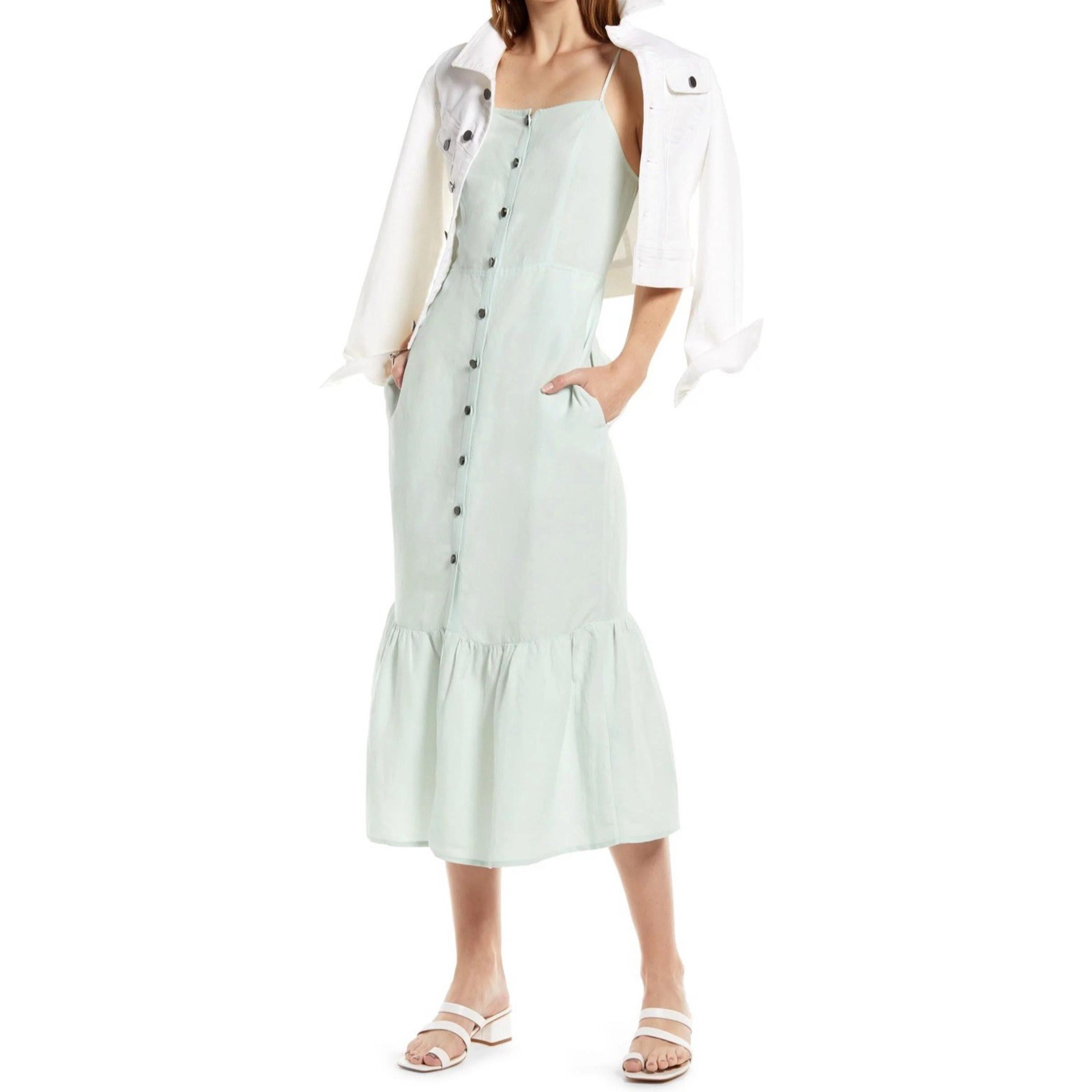 Something Navy Womens Linen Blend Button Front Midi Dress Size XS Aqua Beachy