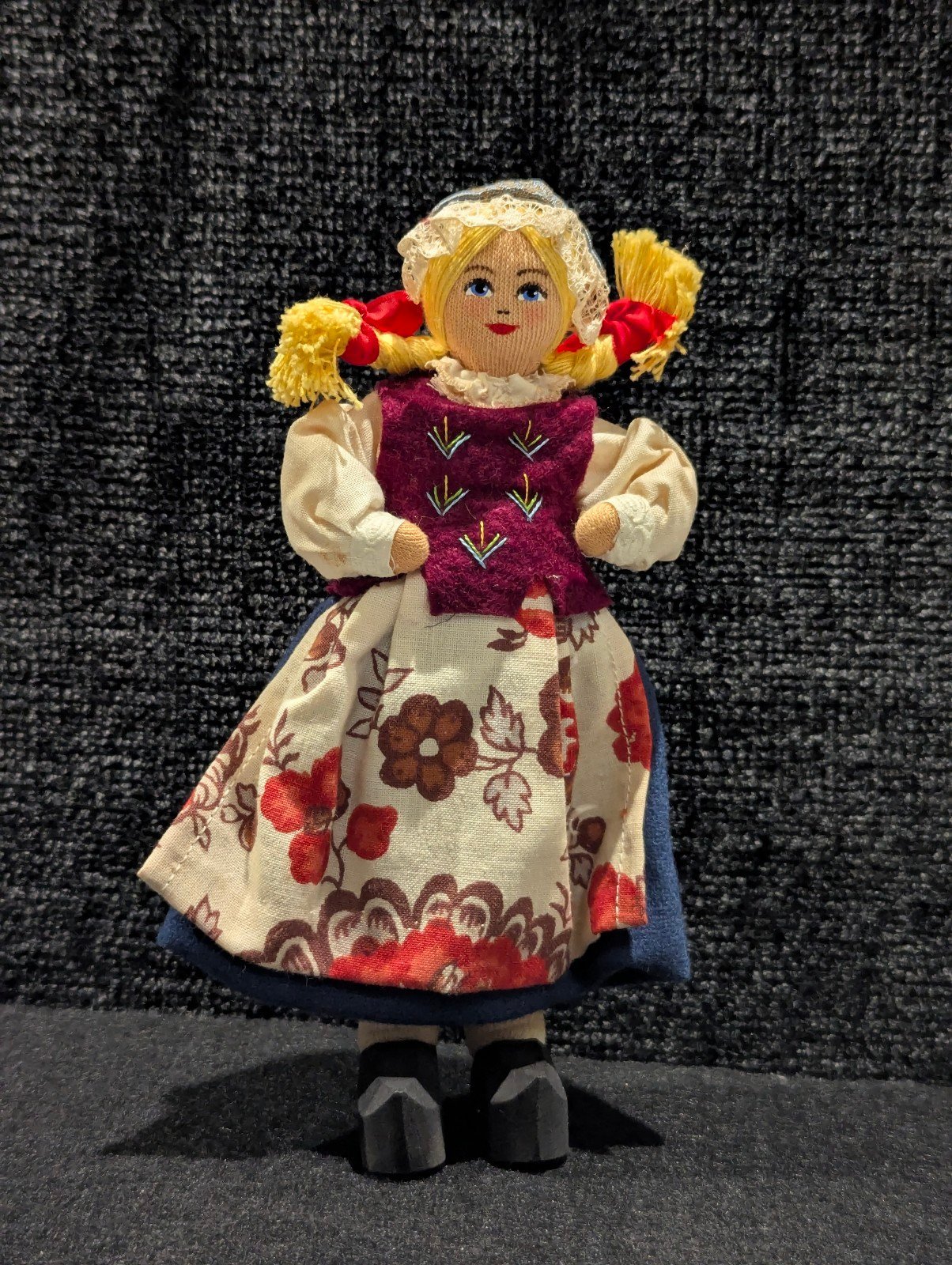 Charlotte Weibul Cloth Doll with Tag, RARE Swedish Folk Art, Floral Apron, Lace
