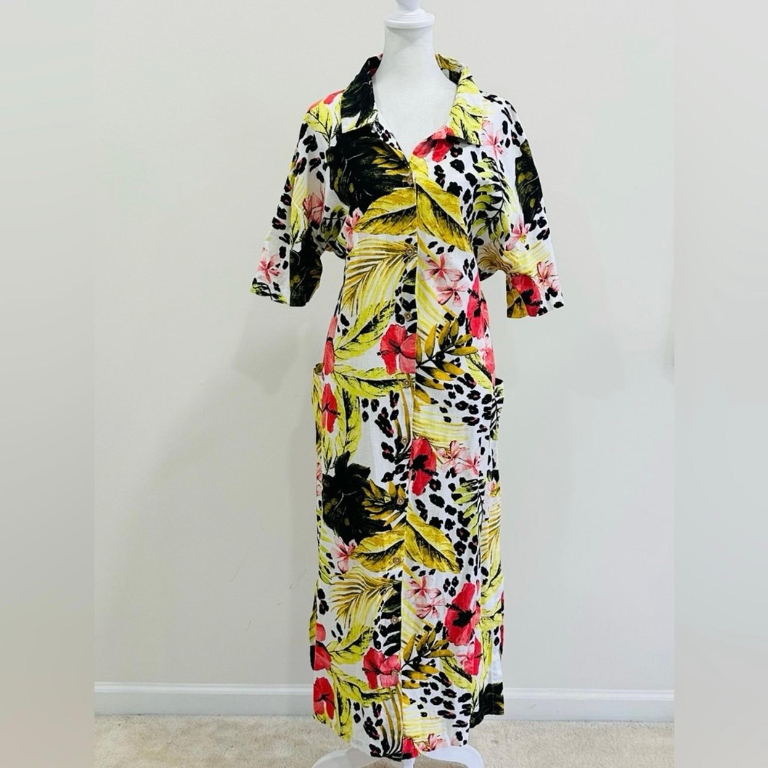 Next Dress  Floral Yellow Linen/ Cotton Full Button With Two Pockets Size 14