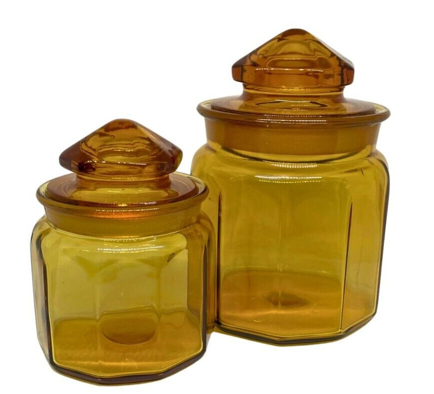 LE Smith 10 Panel Amber Glass Apothecary Lid Jar 5.25 & 7.25 Canister Set 2