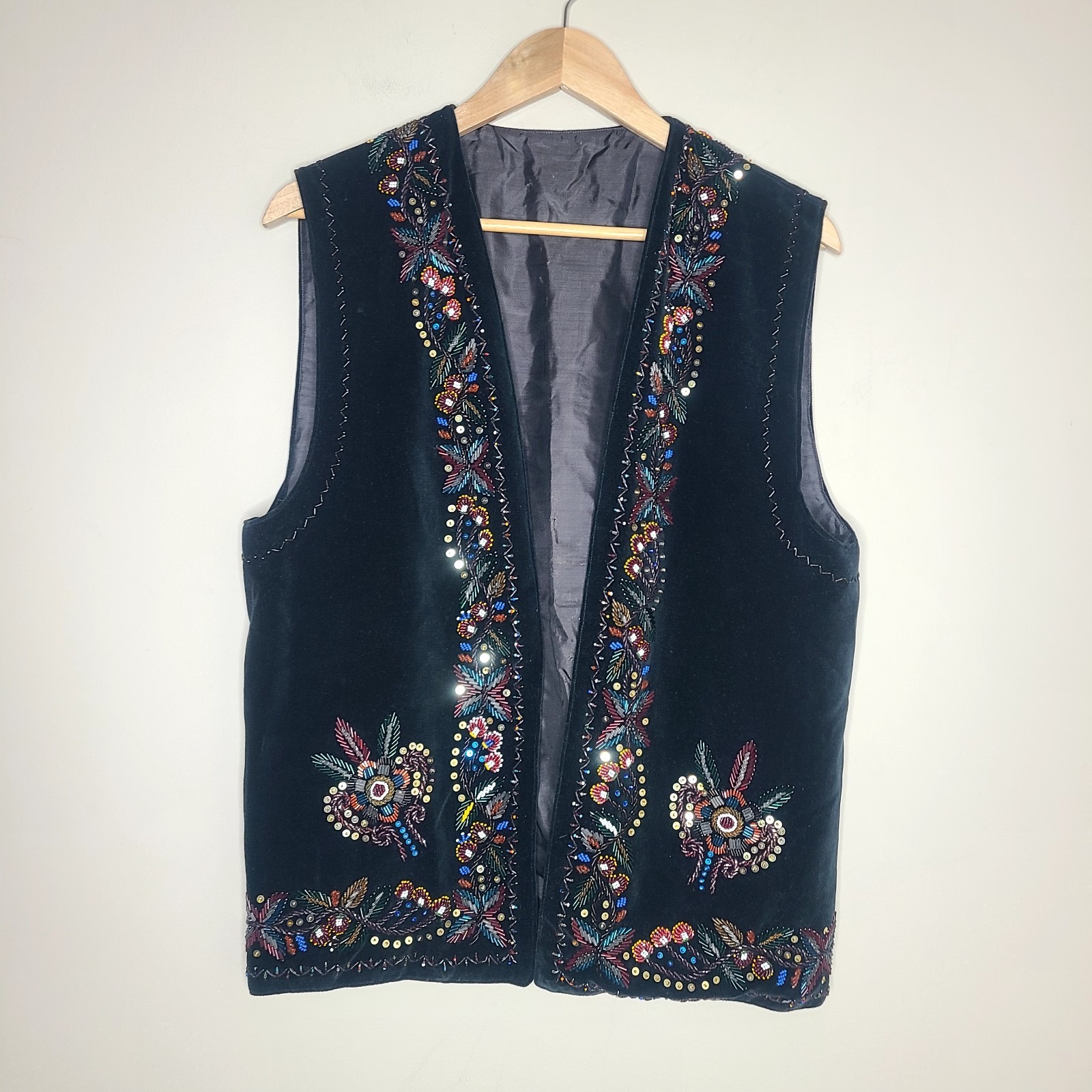 Vintage Folklore Open Vest Womens Velvet Beaded Boho Hippy Sleeveless