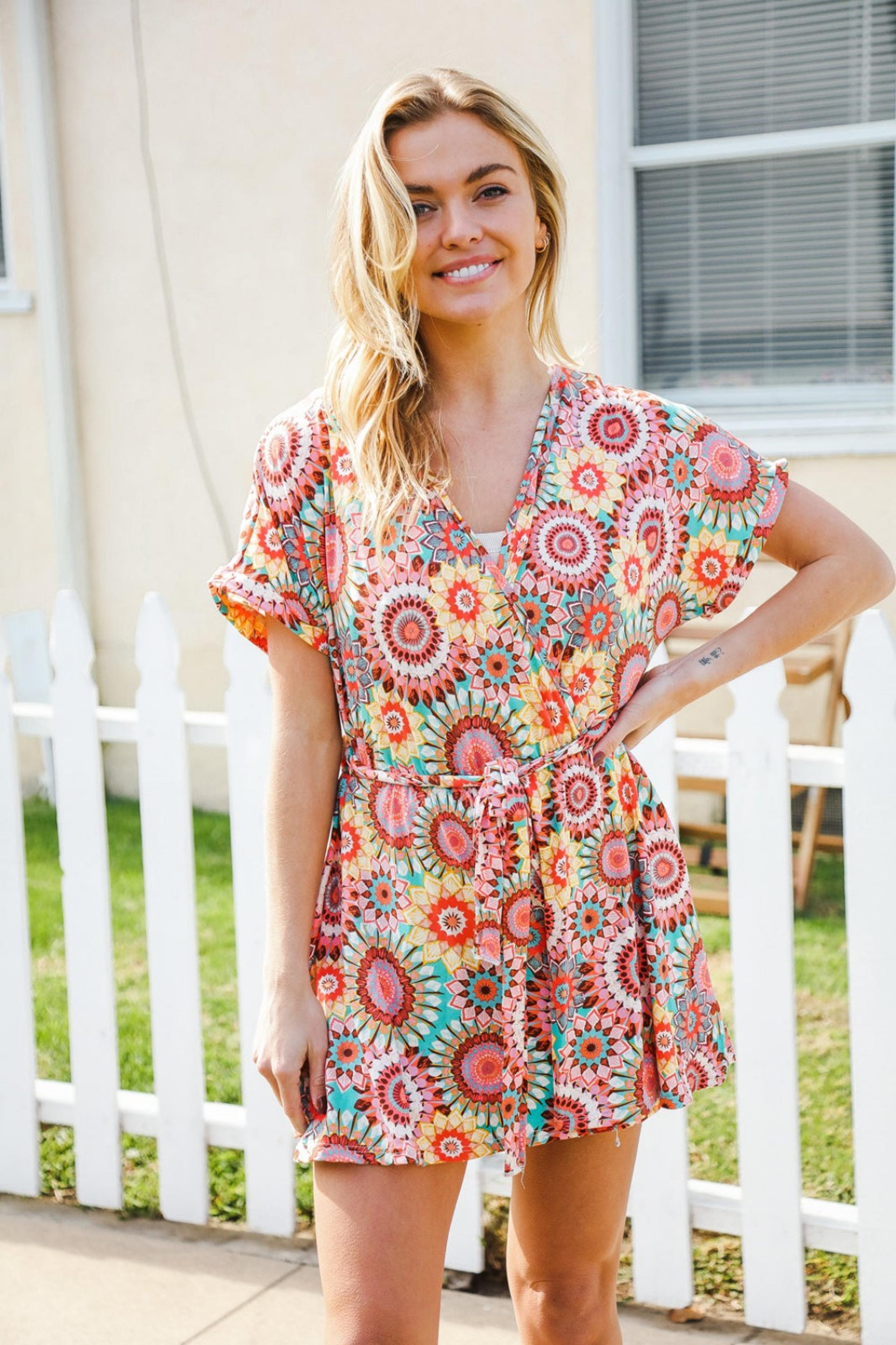 Bold Mandala Romper Small | Tie Waist | Pockets | Boho Festival Look