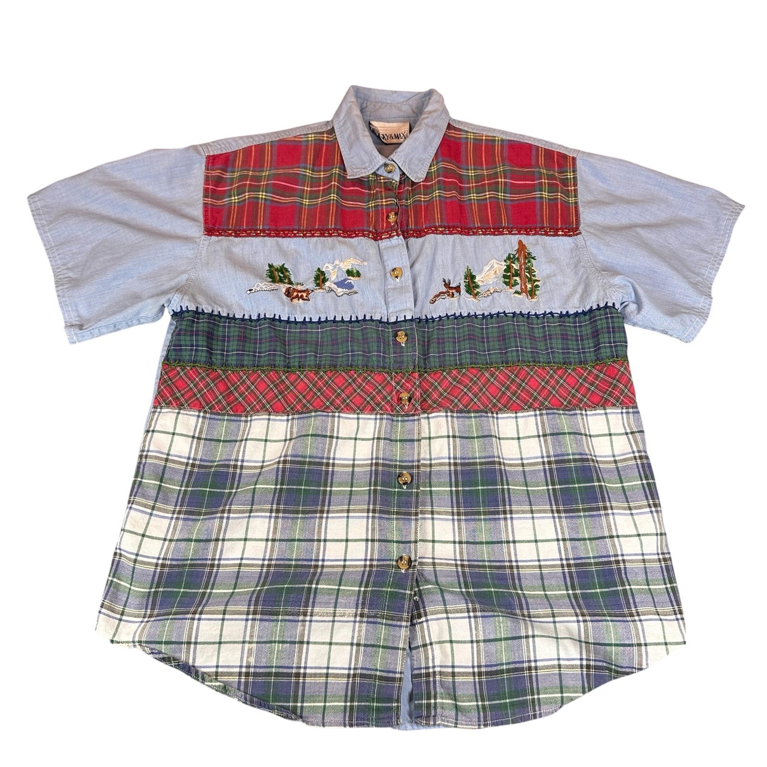 Casey and Max Patchwork Plaid Shirt Womens Large Embroidered Outdoors Cabin