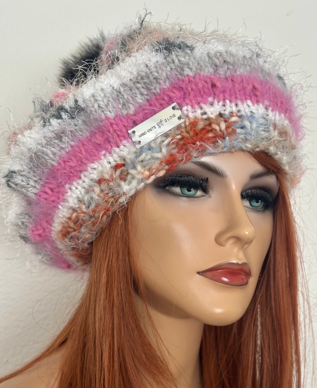 Hand Knits 2 Love Slouch Beanie Hat Beret Faux Fur Pom Pom Designer Fashion