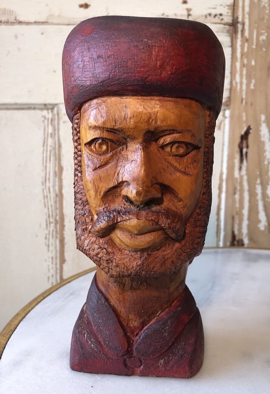 Hand Carved Painted Wooden Man Figure Statue Bearded Folk Art