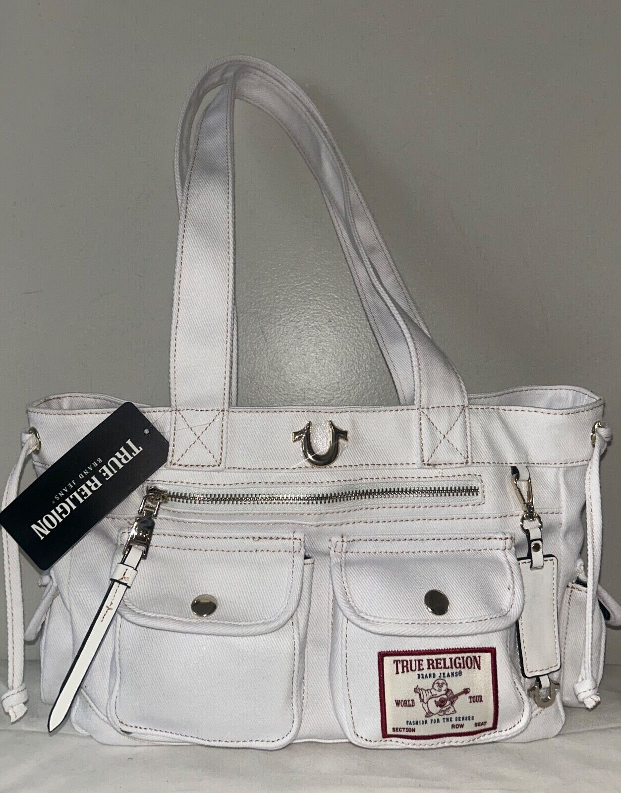 NEW ! NWT TRUE RELIGION Logo Patch Multi-Pocket Tote Bag White