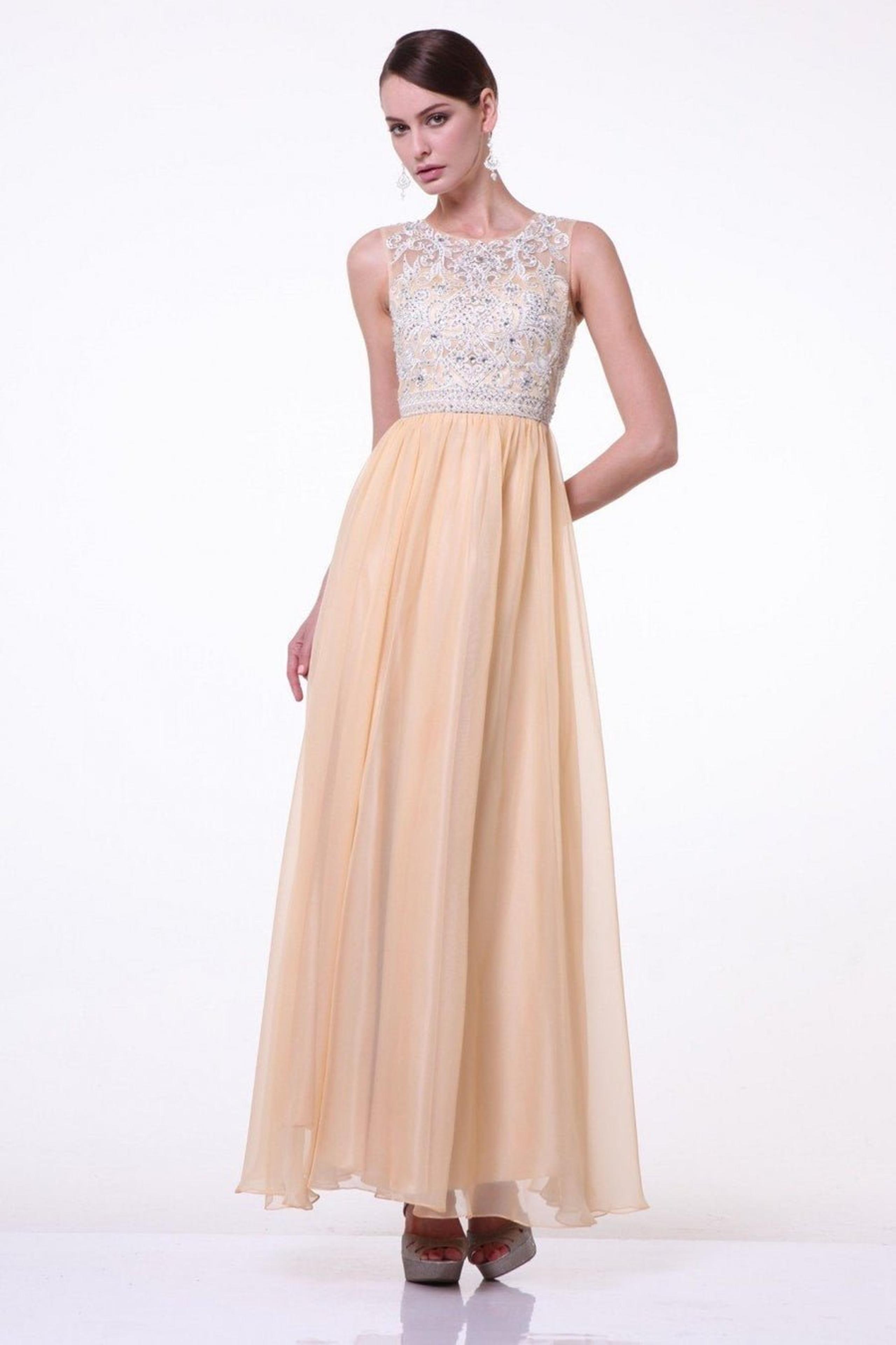 Beaded Long Sleeveless Illusion Dress by Cinderella Divine Maxi Party Dress