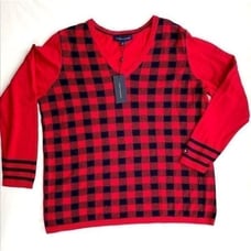 Tommy Hilfiger Cotton Sweater Top 0X Plus Size Red Black Buffalo-Plaid NEW