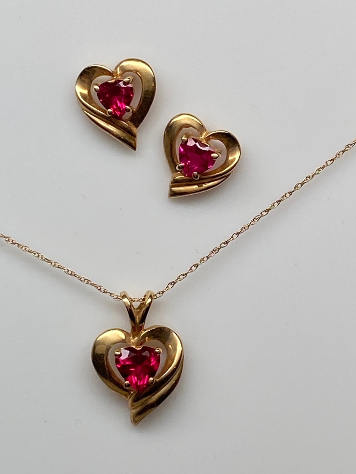 10K Yellow Gold Created Ruby Heart Pendant and Matching Earrings