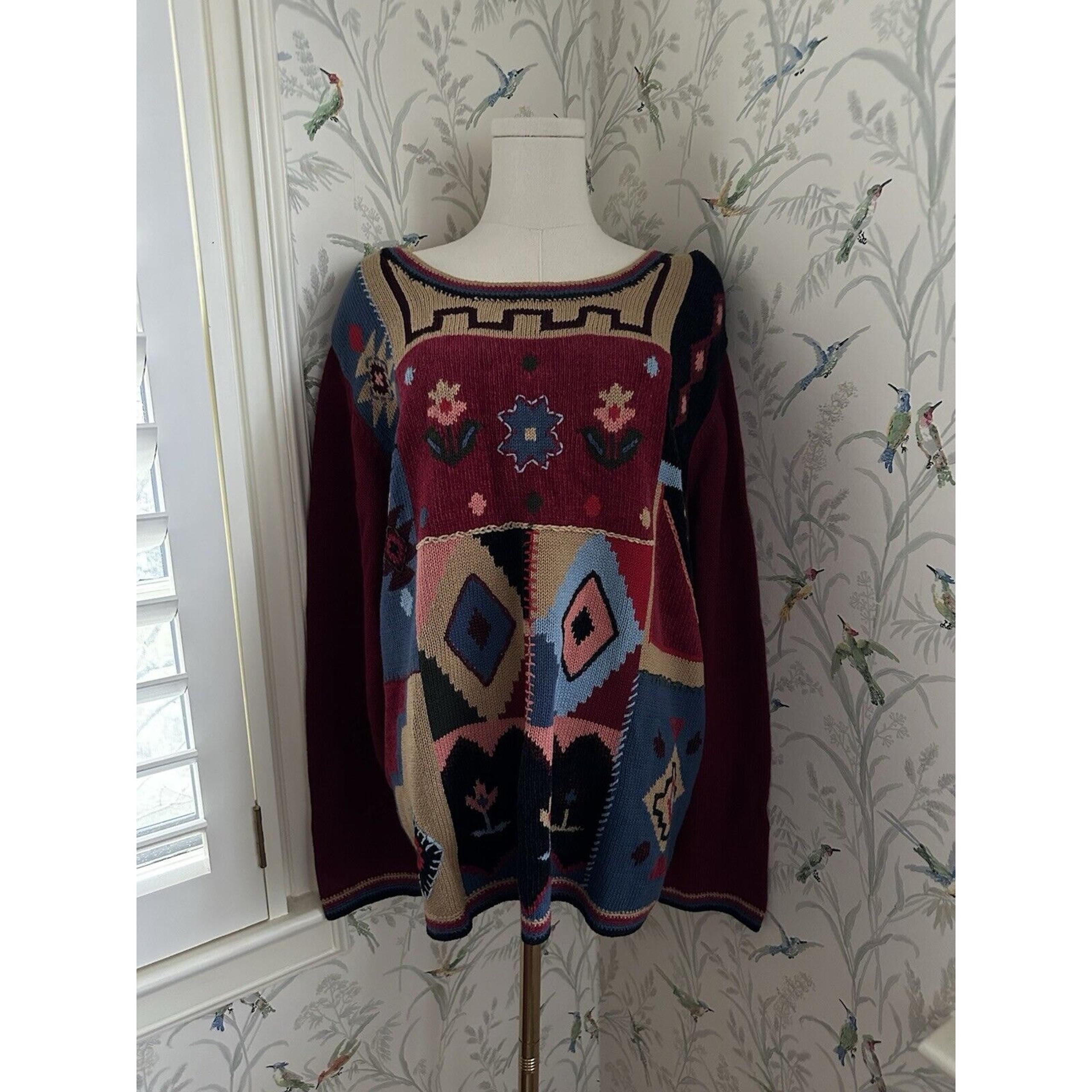 90s Red Burgundy Ramie Flower Patterned Sweater | Monterey by Koret Size 1X