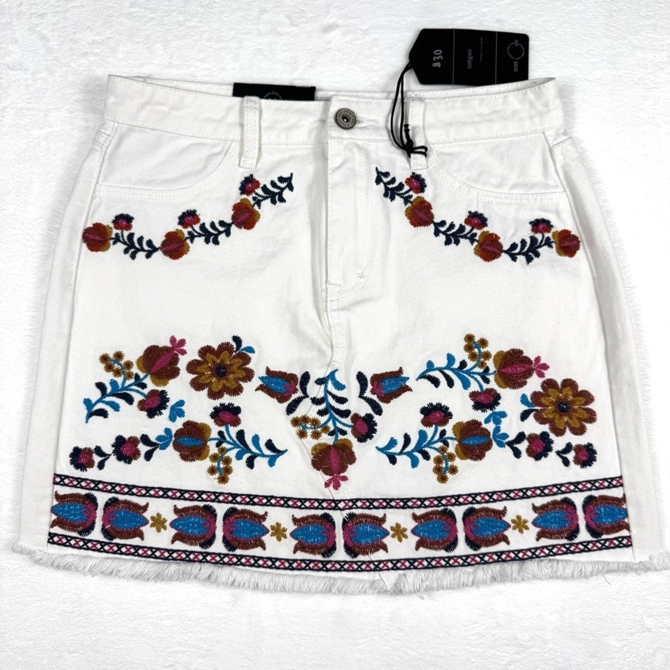 Umgee | Embroidered Floral White Denim Mini Skirt High Waisted Pockets Frayed
