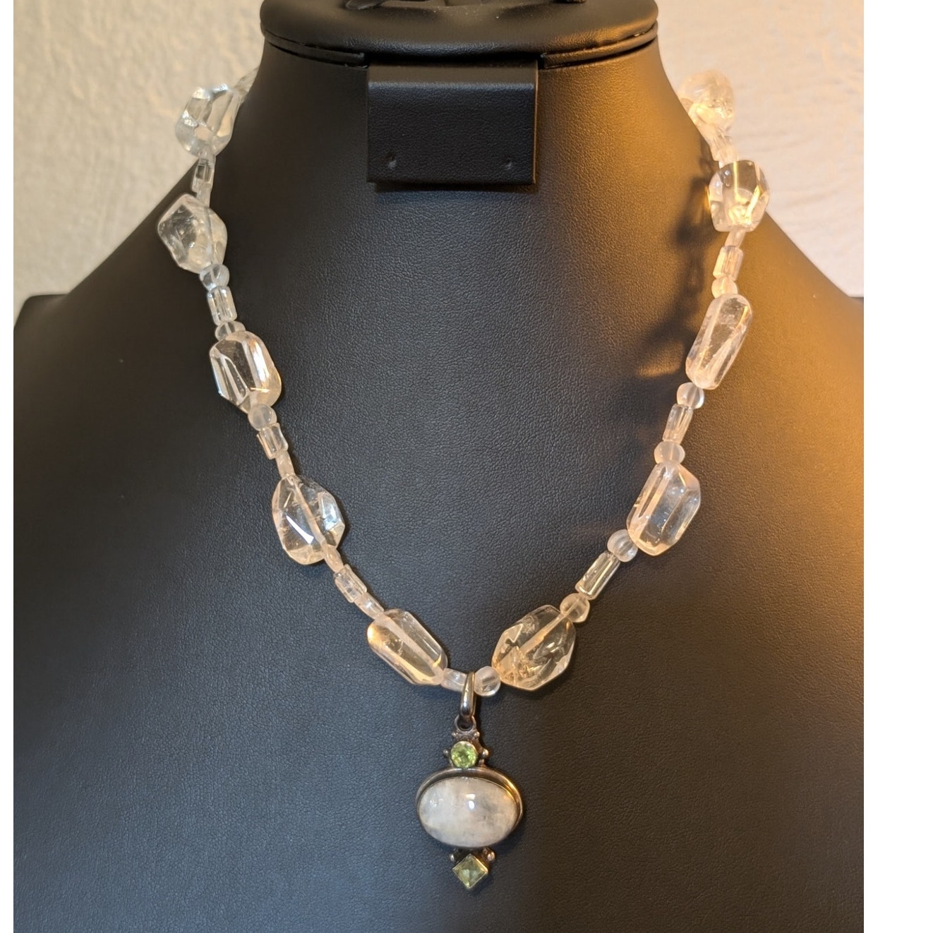 Polished Rock Quartz 925 Sterling Silver W/ Peridot Moonstone Pendant Necklace