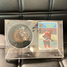 Bobby Clarke 1974-1975 Stanley Cup Quarter Finals Autographed Puck And Card