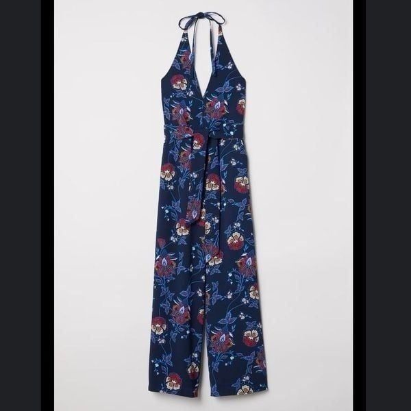 H&M Blue Floral Patterned Halter Jumpsuit