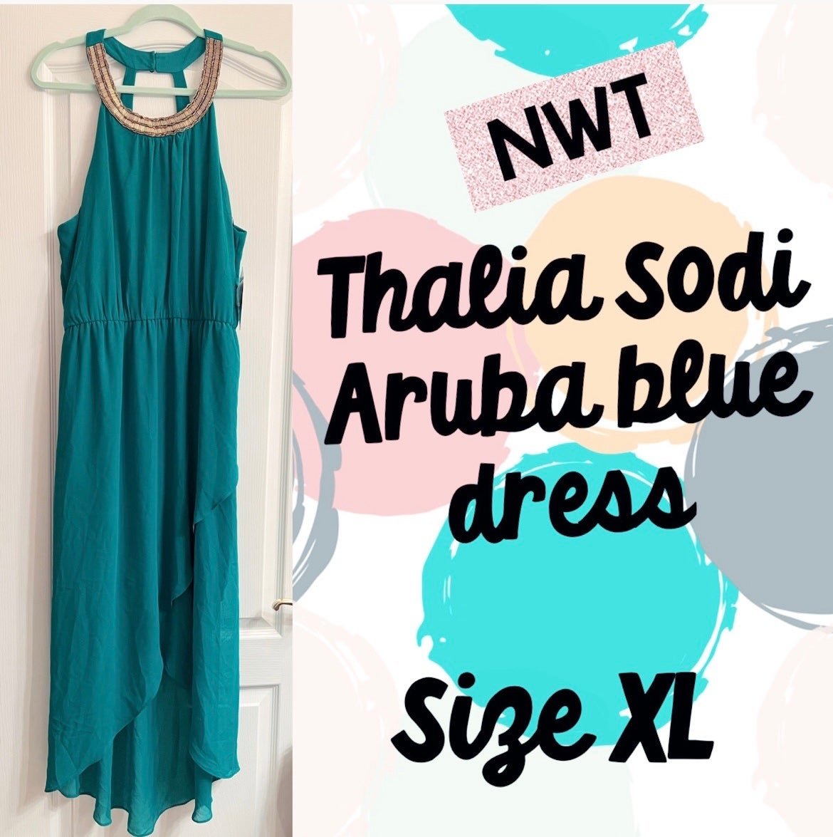 Thalia Sodi High Collar Beaded Aqua Dress - size XL