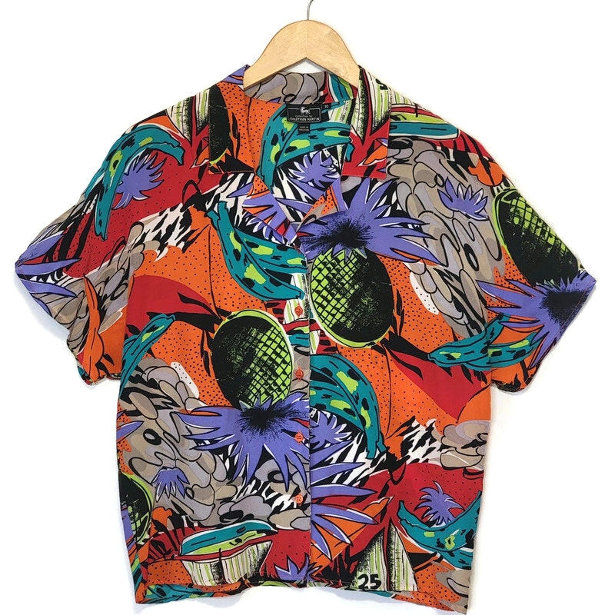 Jonathan Martin Vintage Tropical Abstract Print Button Down Shirt Silk Retro 10