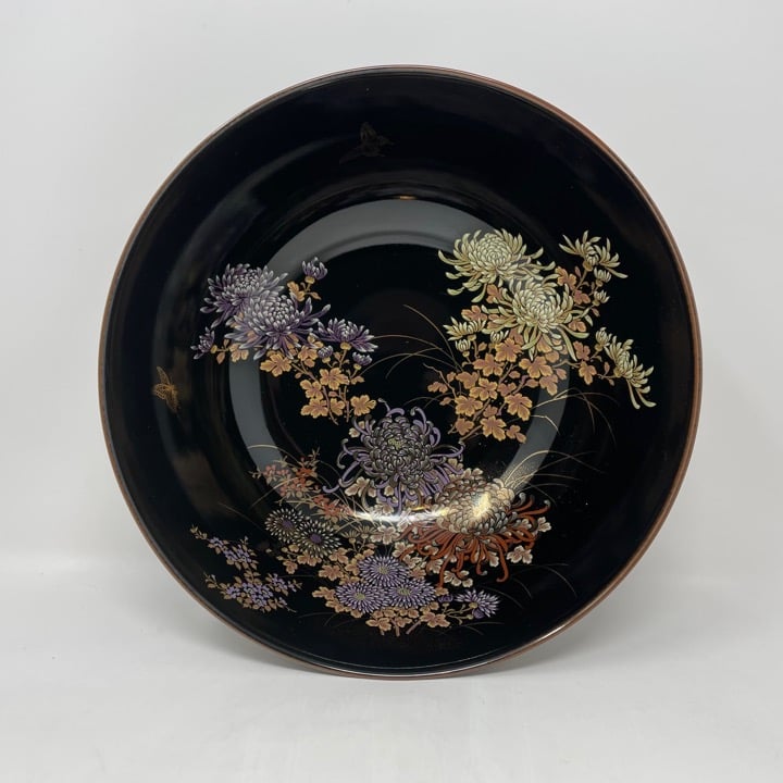Shibata Japan Black 9'' Porcelain Bowl with Enamel and Gold Flowers/Butterflies