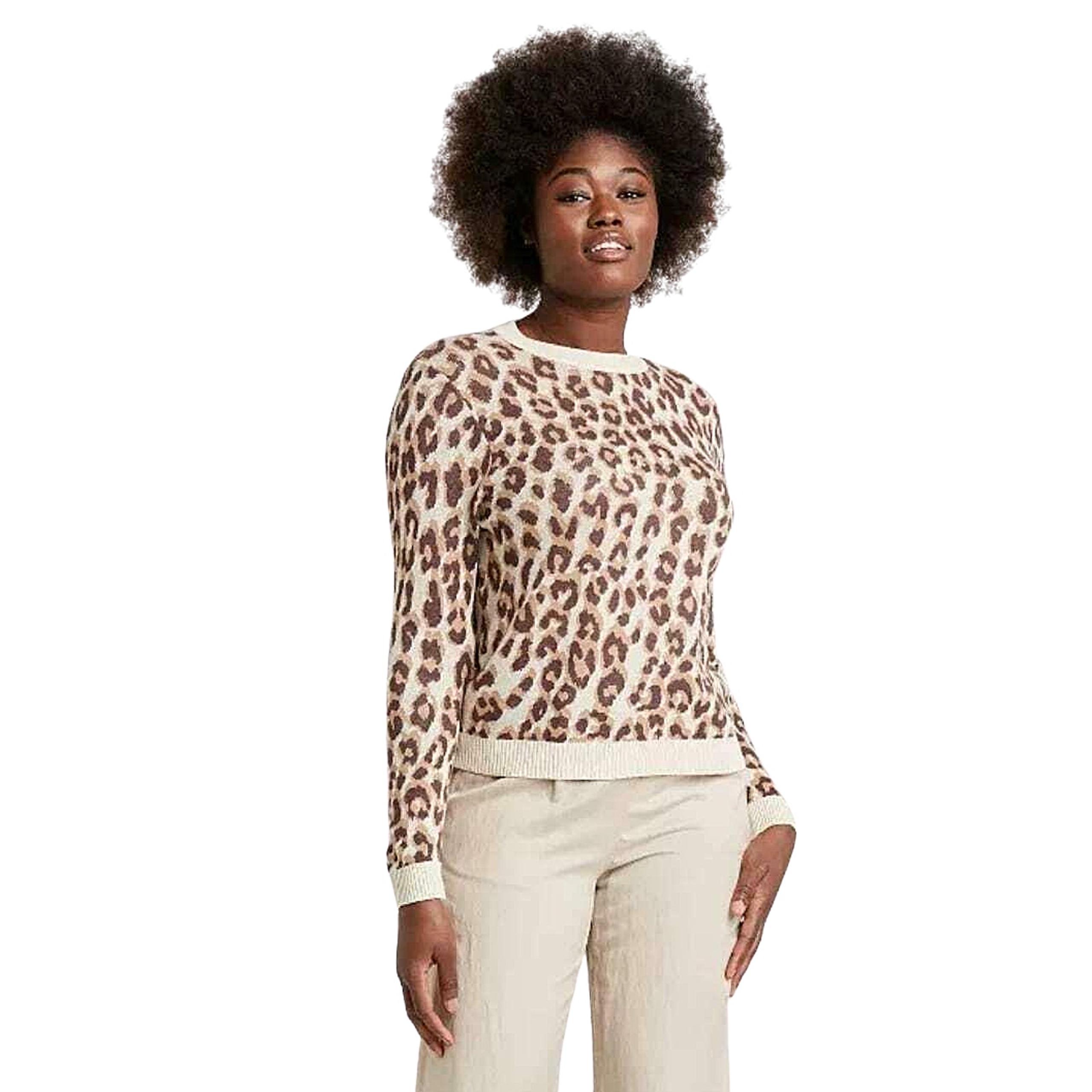 A New Day Women's Camel Leopard Print Long Sleeve Crew Neck Pullover Sweater XS