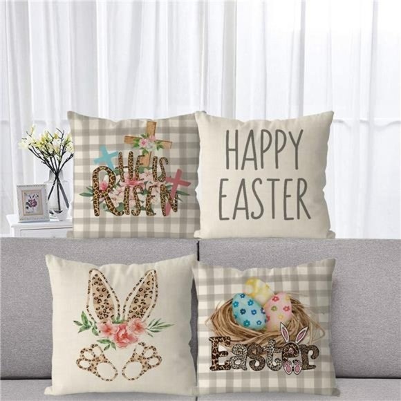 Easter Pillow Covers 18x18 Inch Set of 4 He is Risen Floral Buffalo Plaid