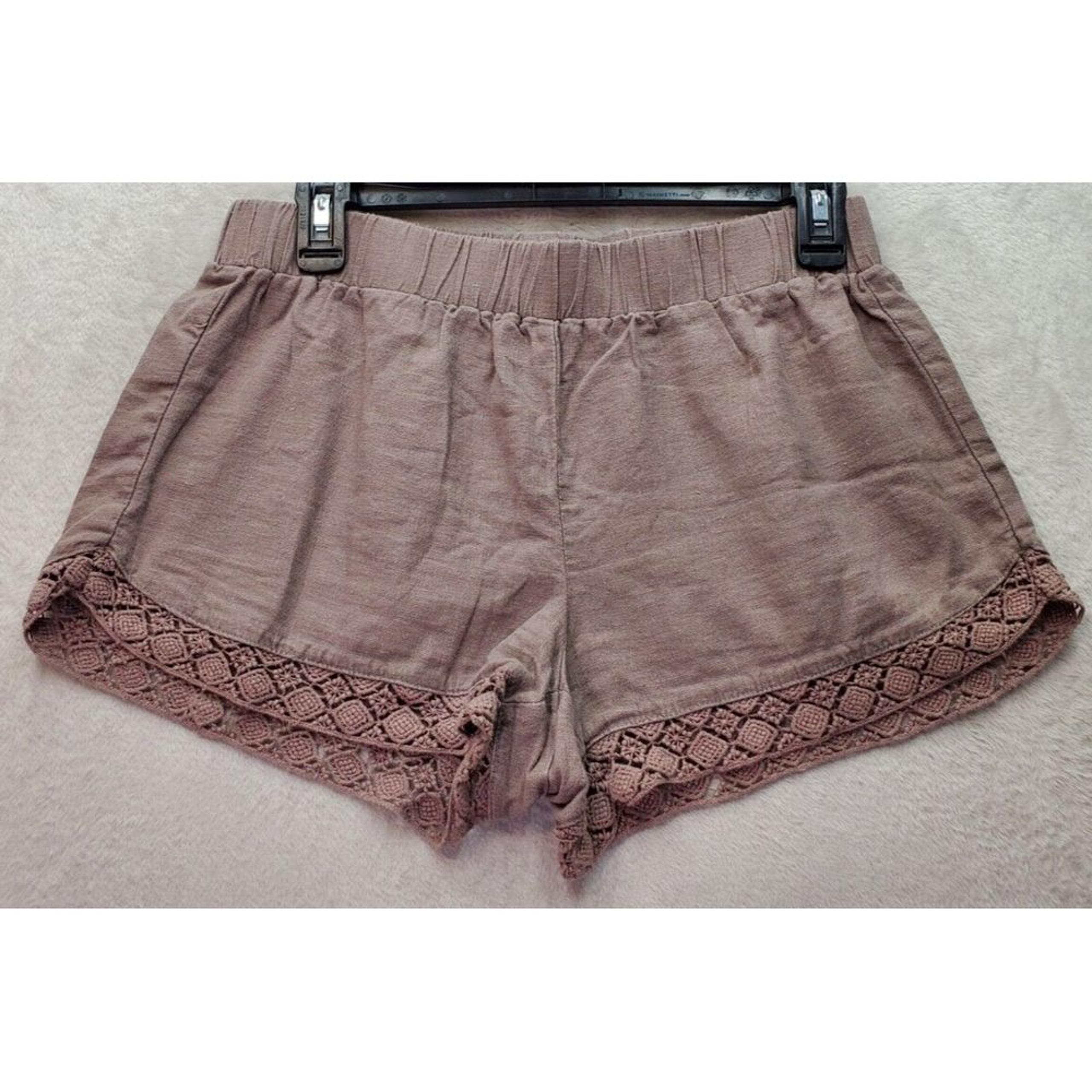 Aéropostale Bermuda Shorts Women Size Medium Brown Lace Trim Linen Elastic Waist