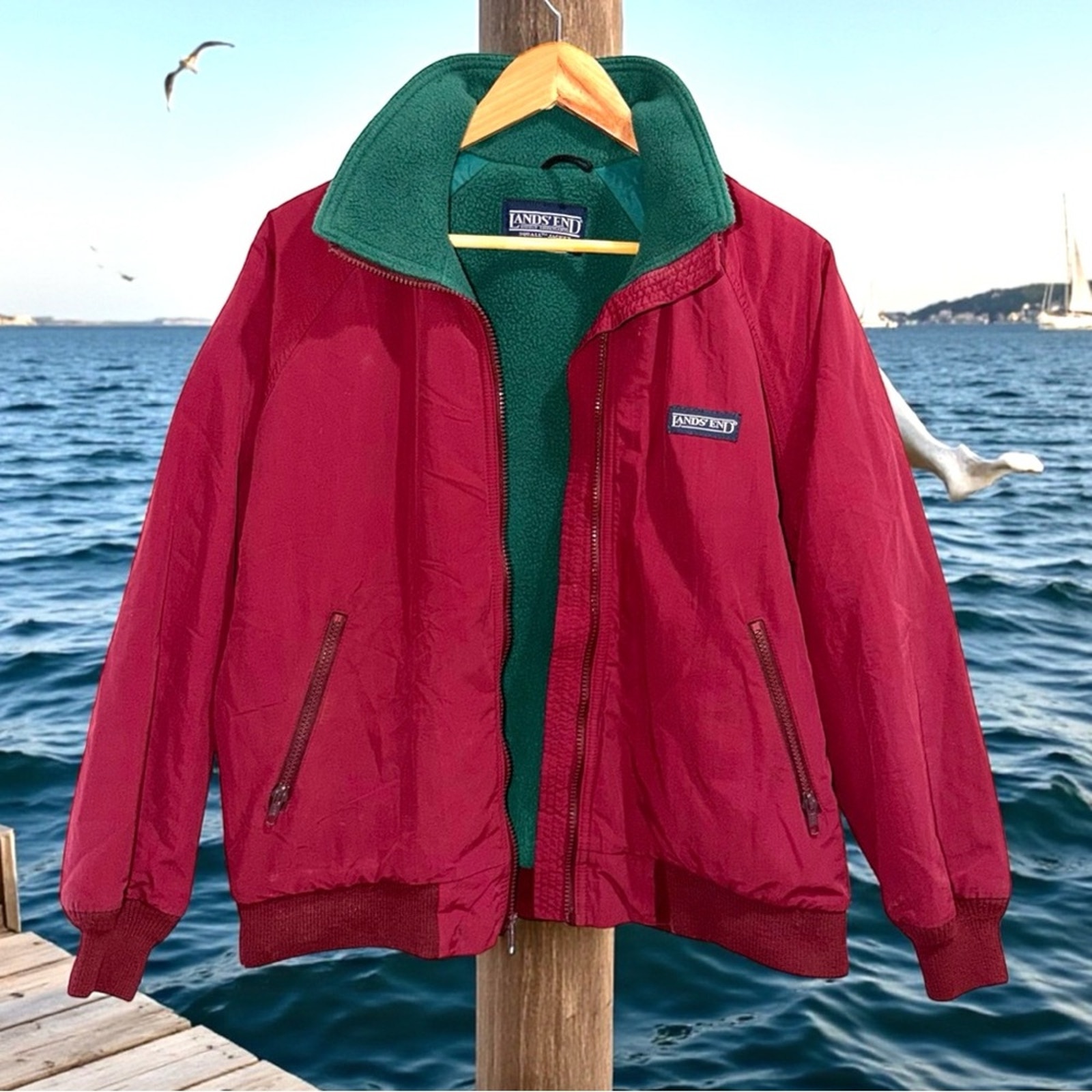 Vintage Lands End Women’s Burgundy Fleece Lined Squall Bomber Jacket