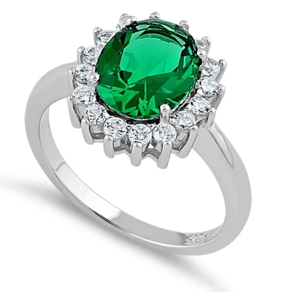 Size 5, 925 STERLING SILVER Simulated Emerald Cubic Zirconia Halo Ring