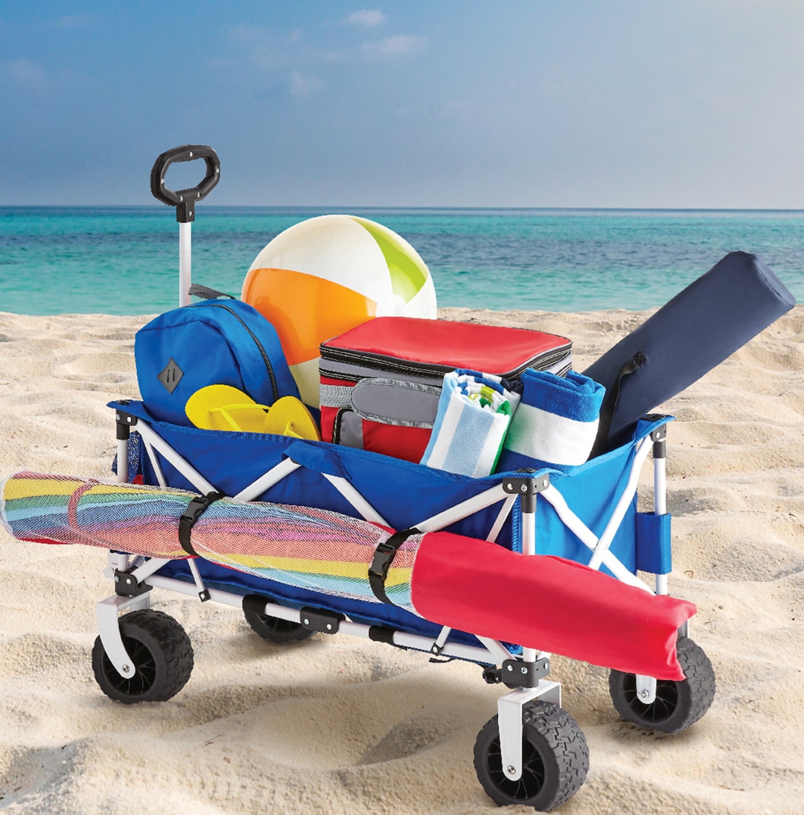 Folding All-Terrain Wide-Track Wheeled Beach Wagon, Blue, New