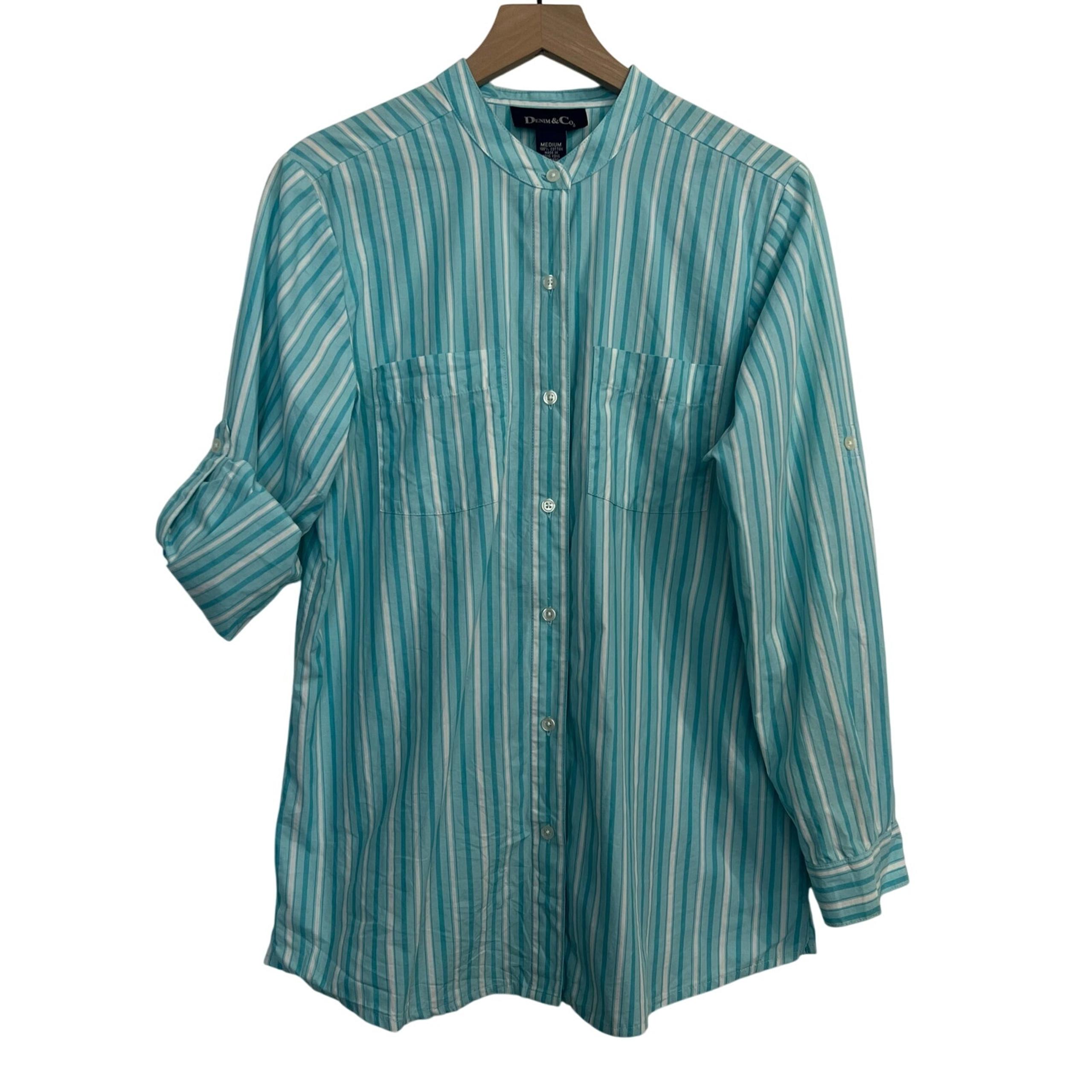 Denim & Co Relaxed Fit Striped Button Down Shirt Women Size M Career Office Blue