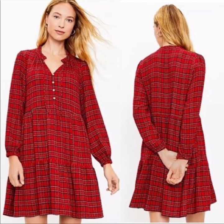 NWT LOFT women’s red plaid metallic swing shirt dress