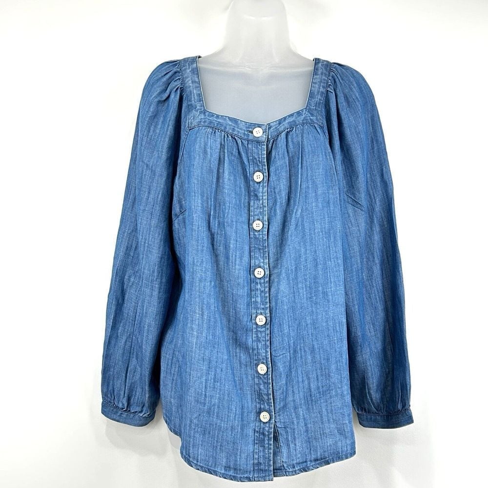 Talbots Top Women's M Denim NWT Square Neck Cottagecore Western Button Front
