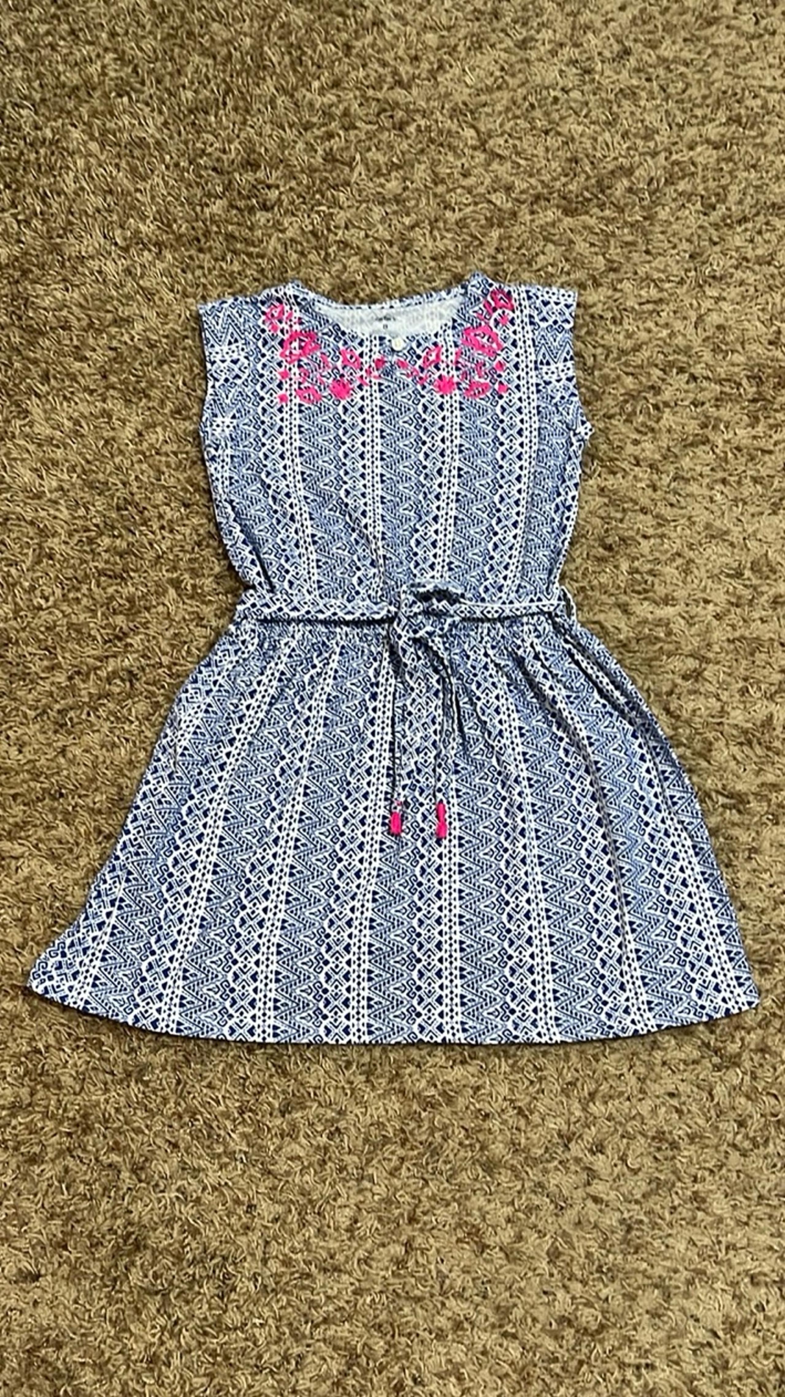 [Carter] Blue & White Little Girl Dress Pink Floral Embroidery Neckline Size 8