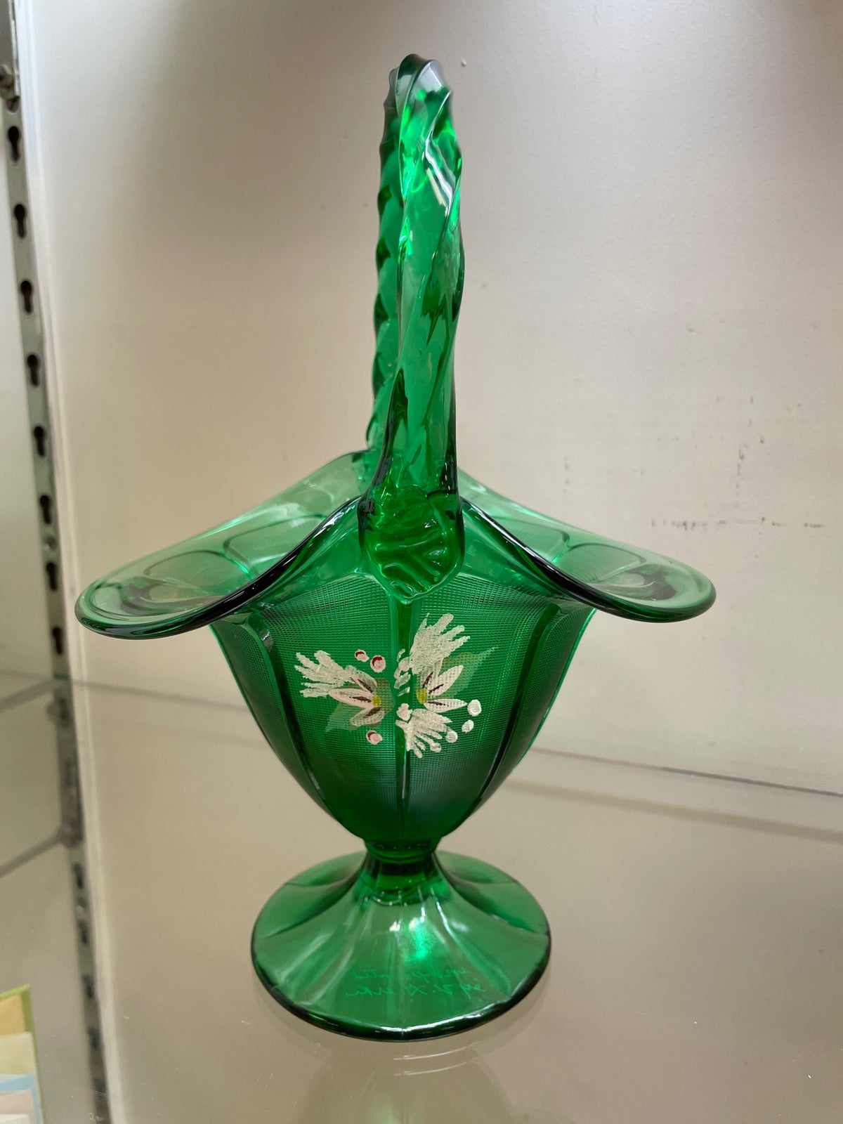Fenton green glass basket