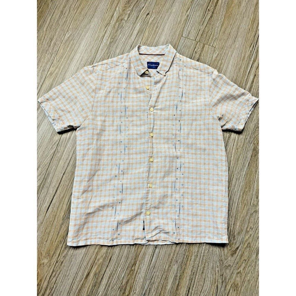 Tommy Bahama Mens Medium Blue Ora Embroidered Camp Linen Silk Short Sleeve Shirt