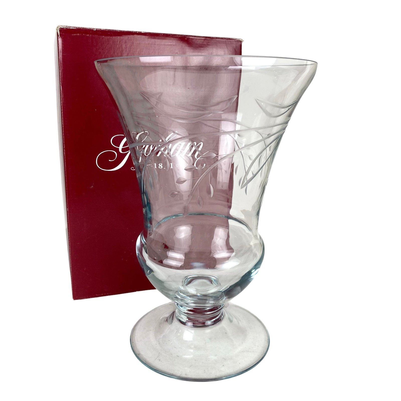 Gorham Footed Hurricane Vase Etched Floral Mist Pattern 12” Tall Wheel Cut