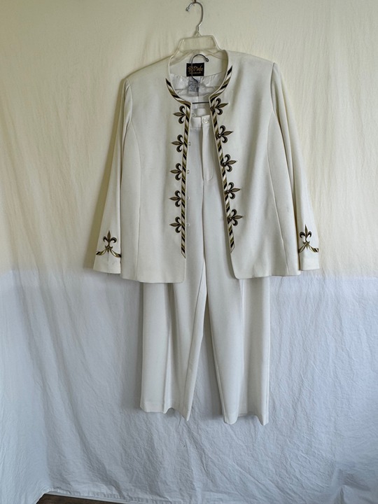 Bob Mackie Wearable Art Jacket & Pant Set Women's Size L Off White Embroidered