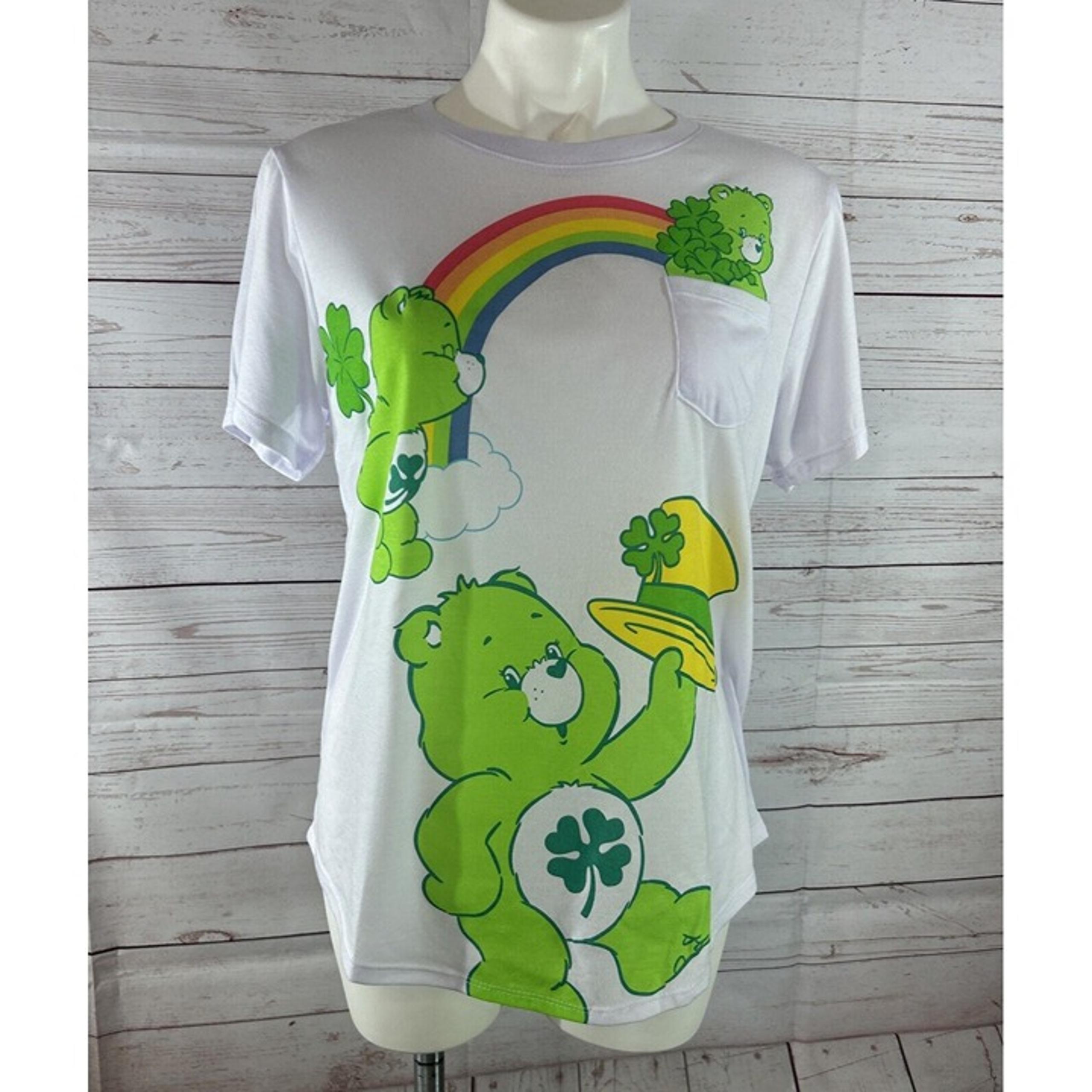 Women Junior Care Bears White Good Luck Bear T-Shirt Rainbow Pocketed XL 15-17