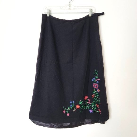 Vintage 90s‎ Pendleton Wool Midi Skirt Black Embroidered Floral Cottage Size 14