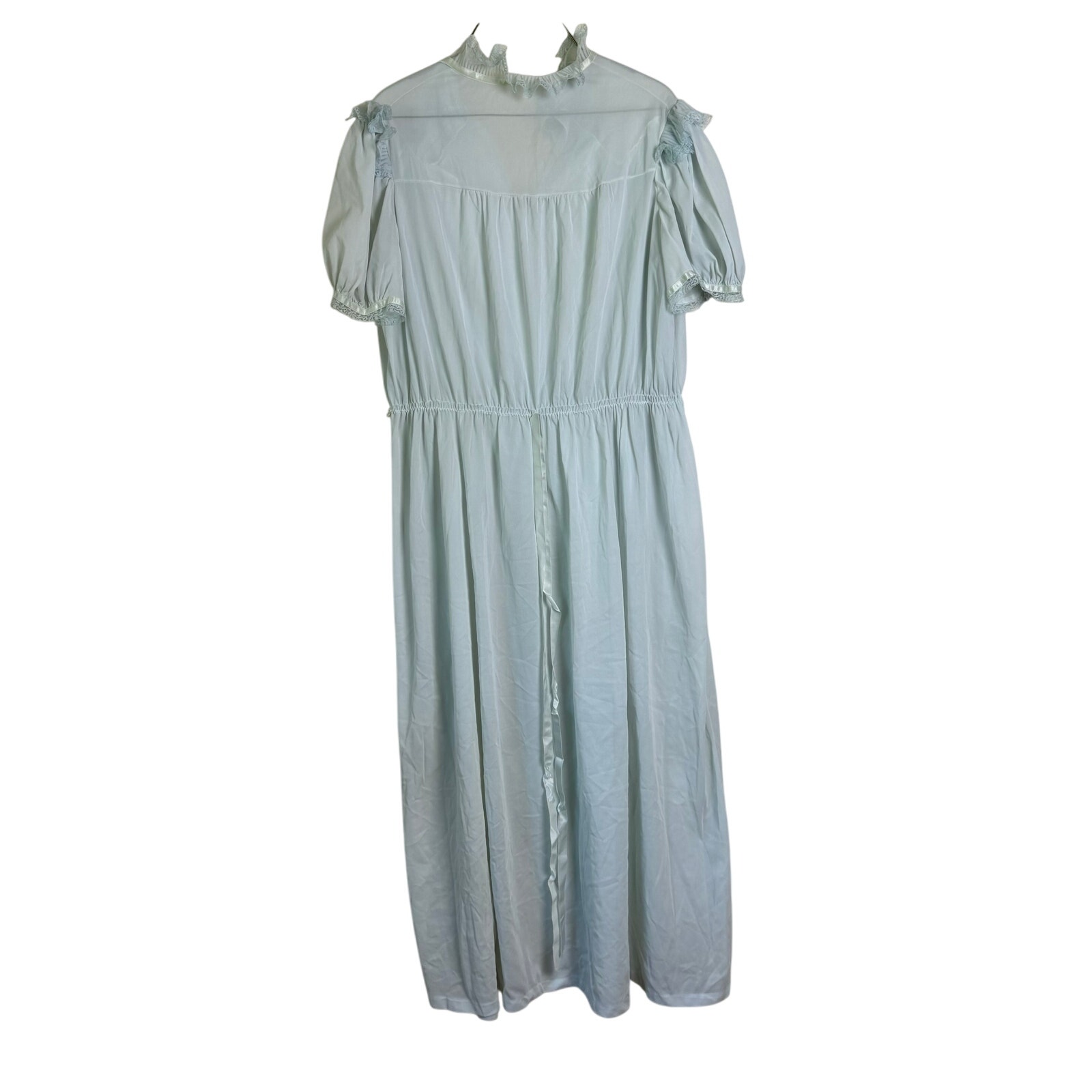 Vintage Sheer Pastel Blue Ruffle Neck Short Sleeve Sleep Dress Size LARGE