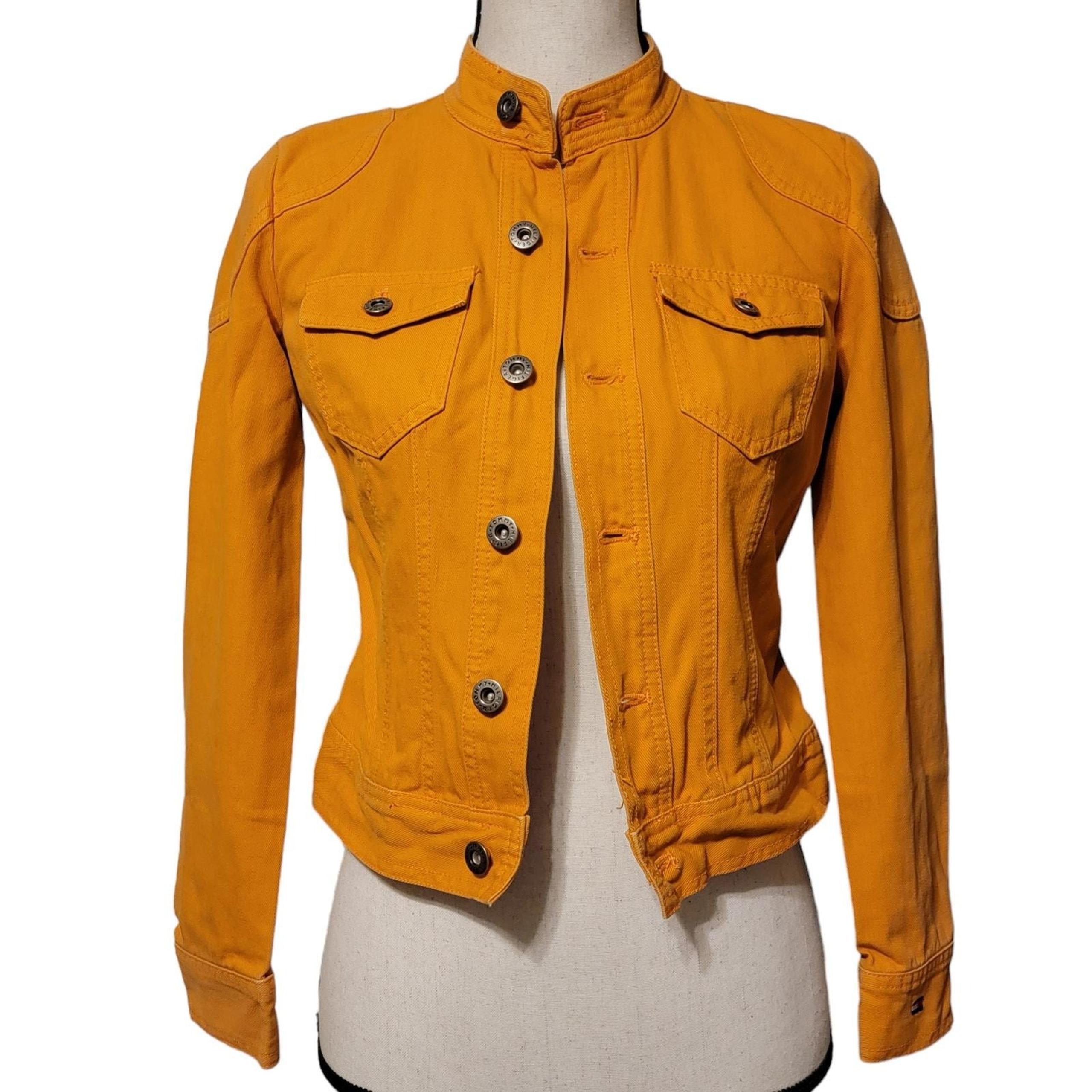 VTG 2000s Tommy Hilfiger Jean Jacket Womens XS Petite Orange Denim Band Collar