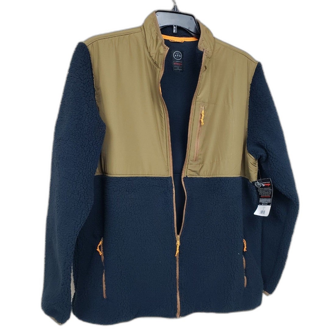 Wrangler ATG Men's Large Tall Full Zip Fleece Sweatshirt Jacket Tan/Blue