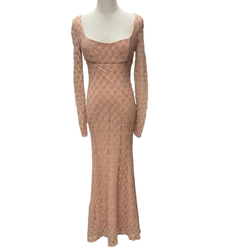 Bardot Revolve Adoni Lace Midi Dress Size M Beige Long Sleeve Cocktail NWT