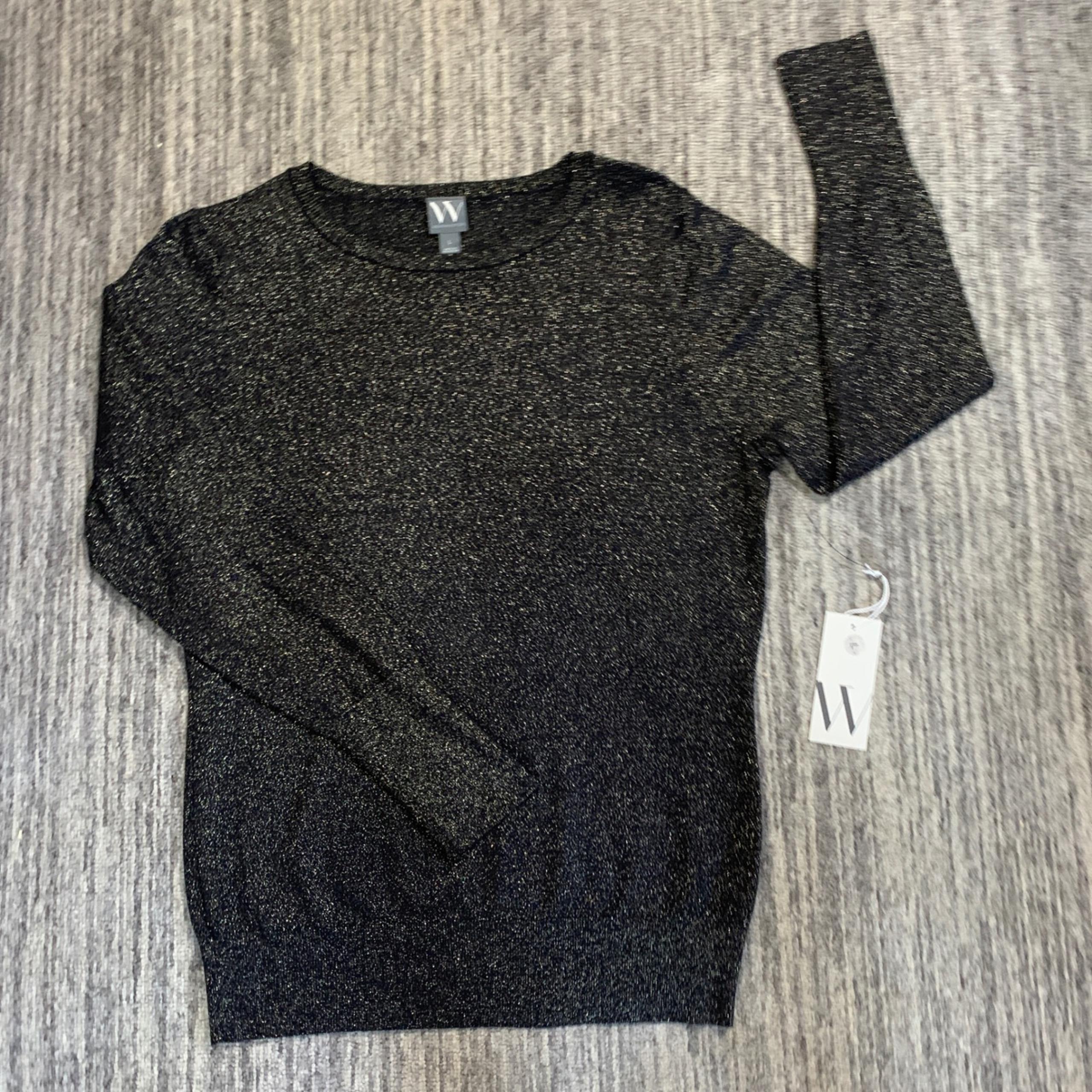 New Worthington Metallic Sparkle Knit Top Long Sleeve Party Black Gold Large